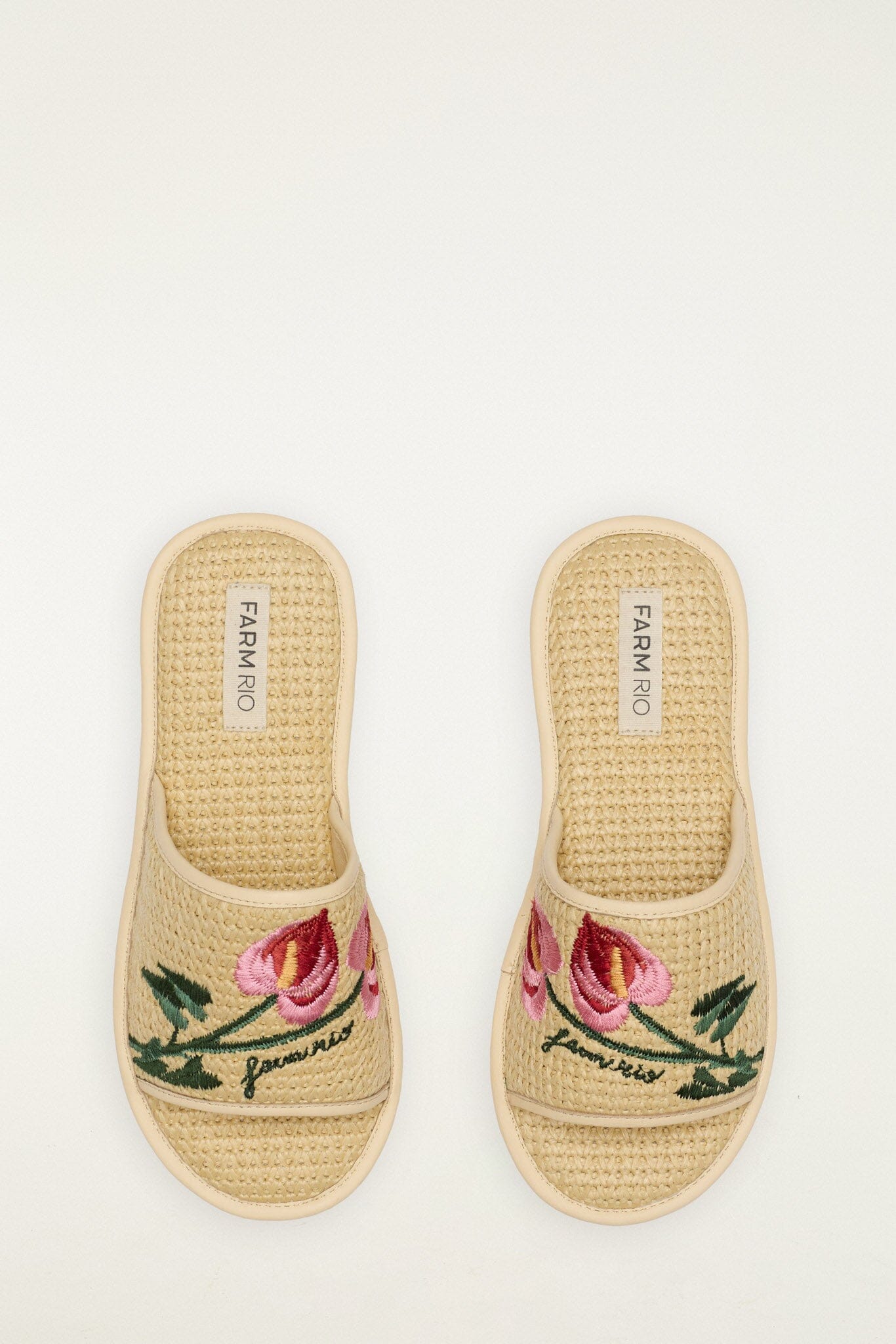 FARM Rio model wearing the Raffia Farm Hotel Embroidered Slide Sandal