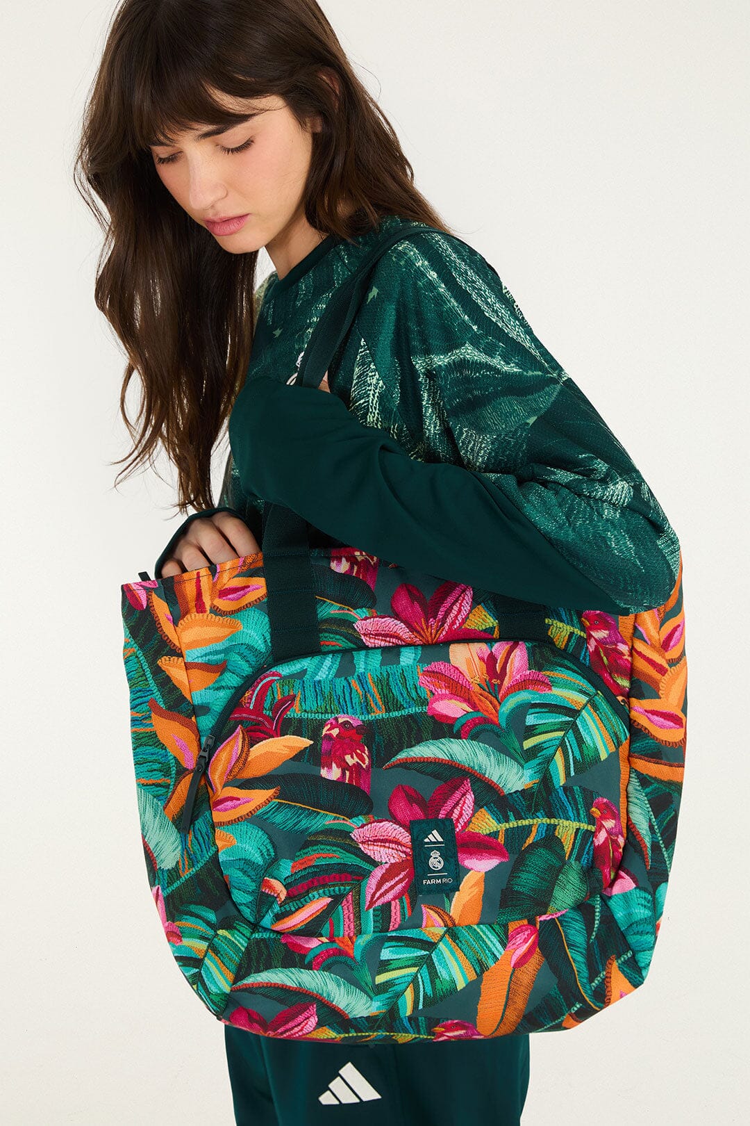 FARM Rio model wearing the Real Foliage Green Adidas Tote Bag