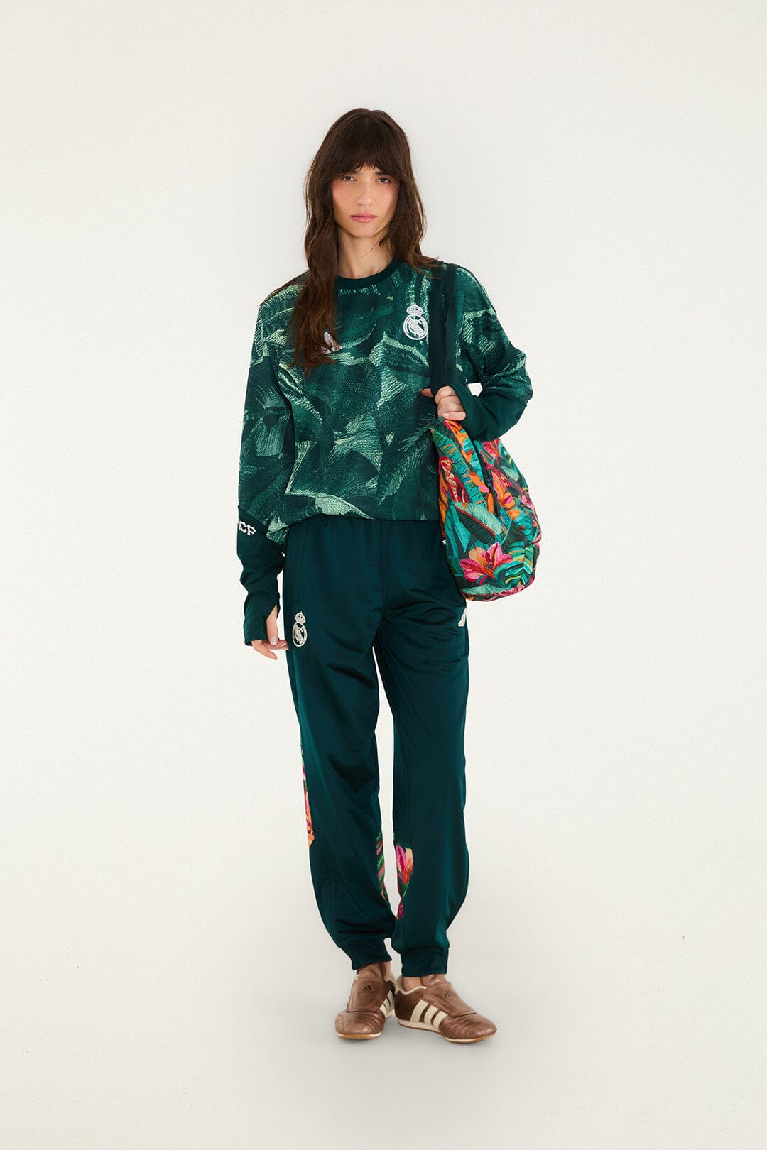 FARM Rio model wearing the Real Foliage Green Adidas Tote Bag