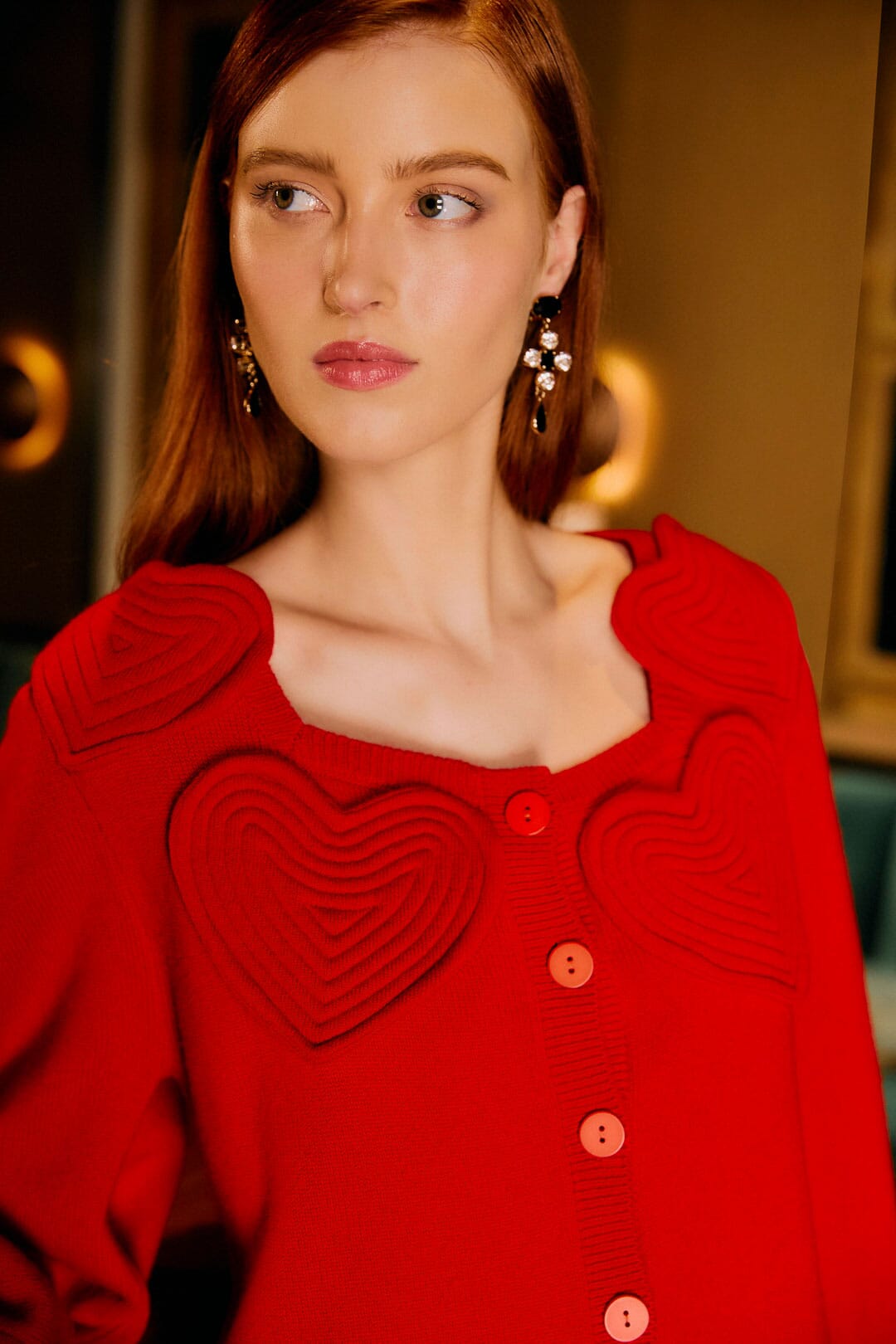 FARM Rio model wearing the Red 3d Heartful Puff Sleeve Knit Cardigan
