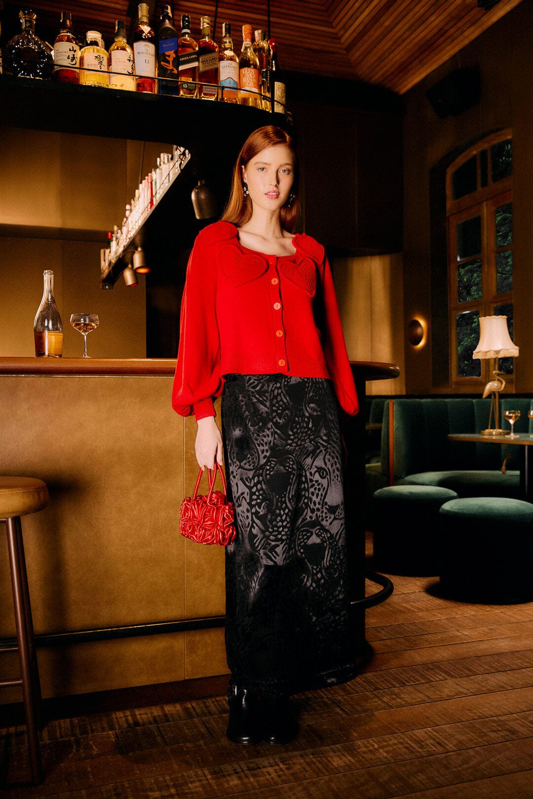 FARM Rio model wearing the Red 3d Heartful Puff Sleeve Knit Cardigan