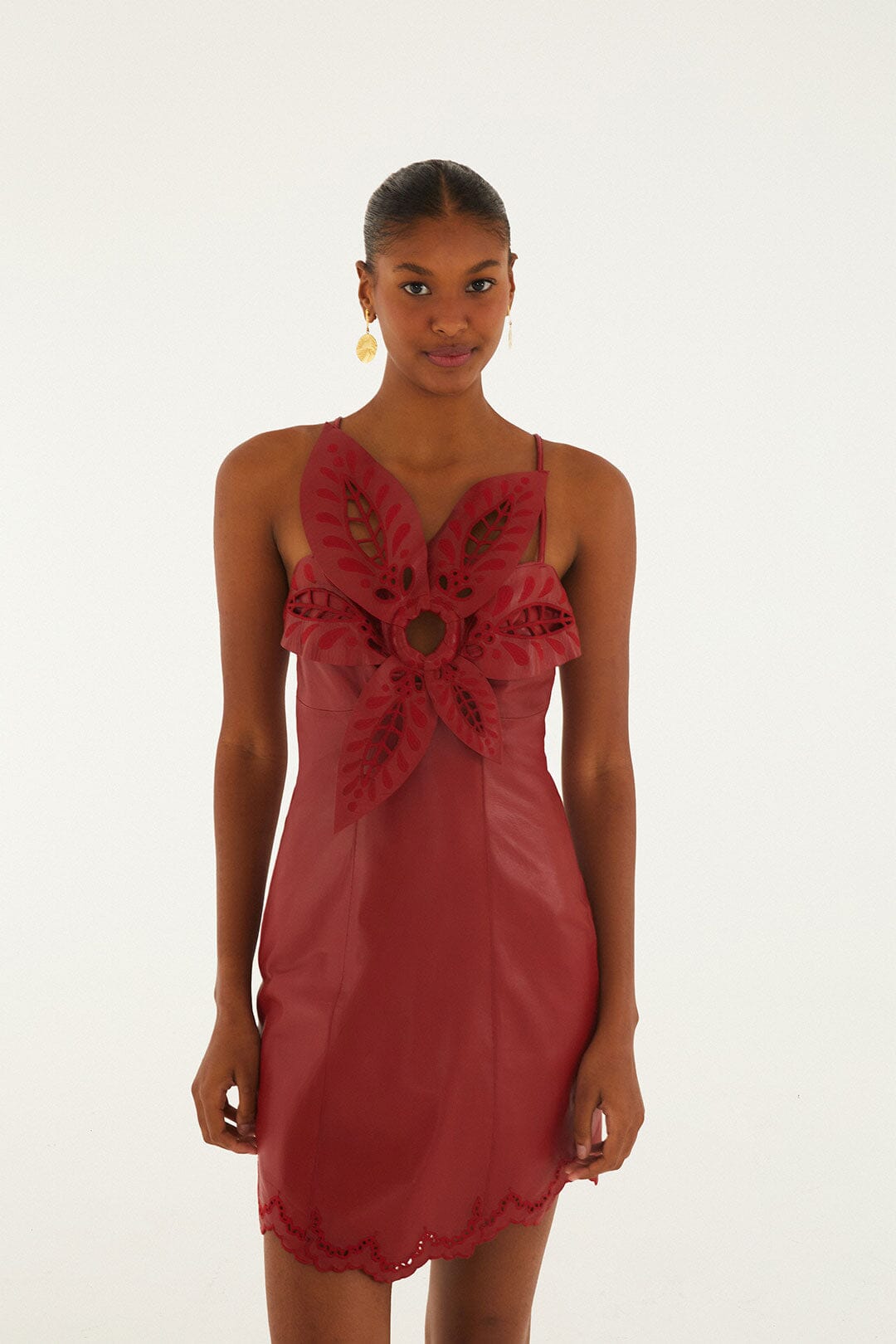 FARM Rio model wearing the Red 3d Richelieu Flower Leather Mini Dress
