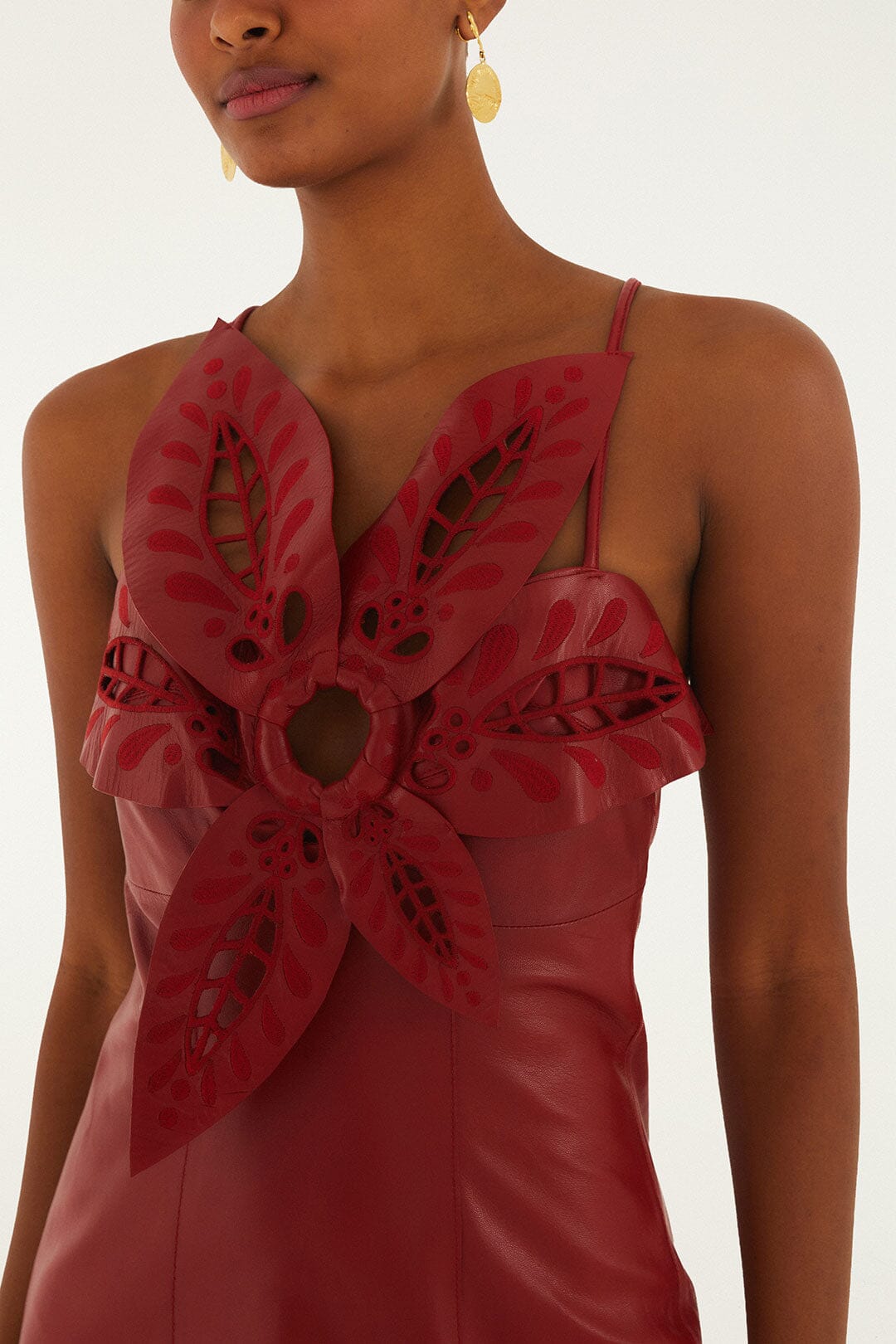 FARM Rio model wearing the Red 3d Richelieu Flower Leather Mini Dress