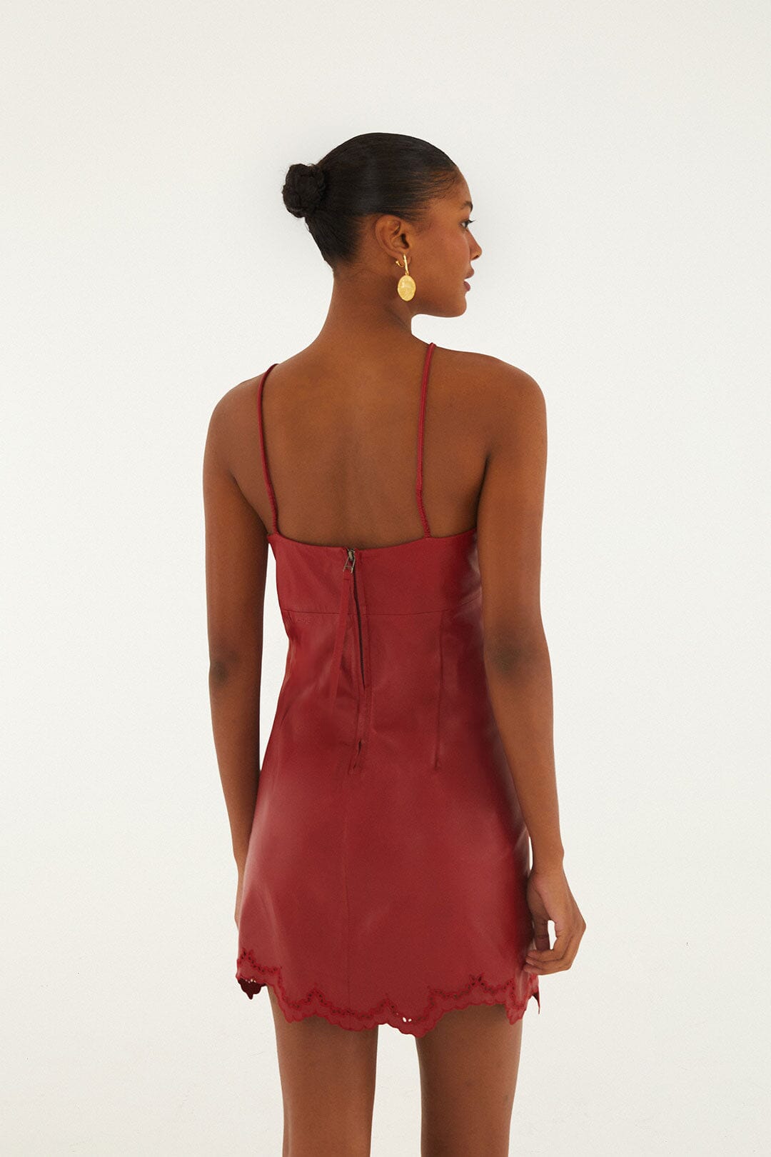 FARM Rio model wearing the Red 3d Richelieu Flower Leather Mini Dress