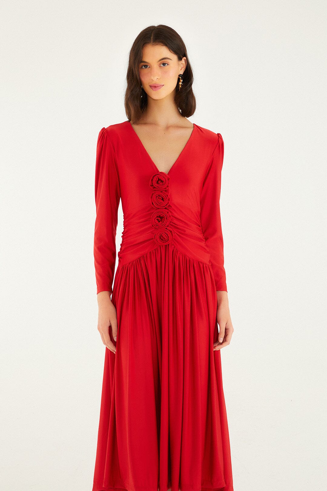 FARM Rio model wearing the Red 3d Roses Long Sleeve Draped Midi Dress