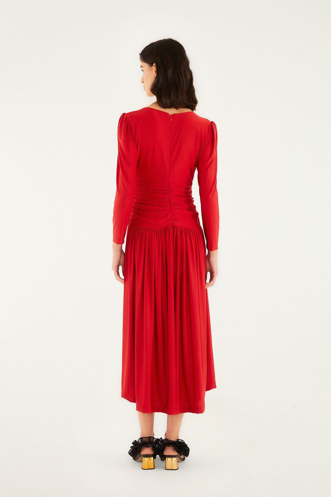 FARM Rio model wearing the Red 3d Roses Long Sleeve Draped Midi Dress