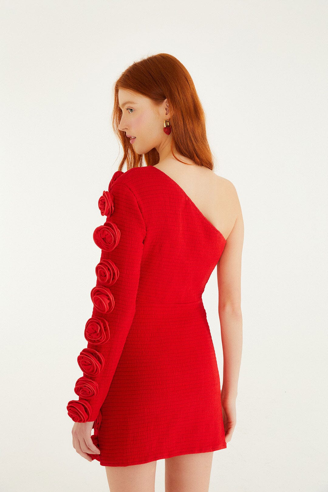 FARM Rio model wearing the Red 3d Roses One-Shoulder Slim Mini Dress