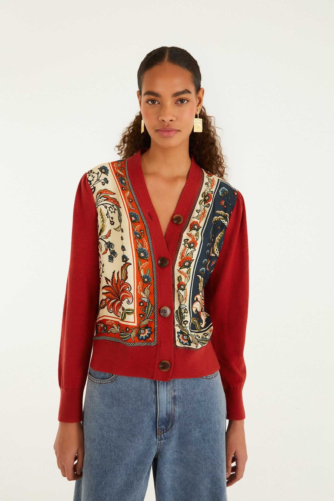 FARM Rio model wearing the Red Ainika Garden Scarf Buttoned Knit Cardigan