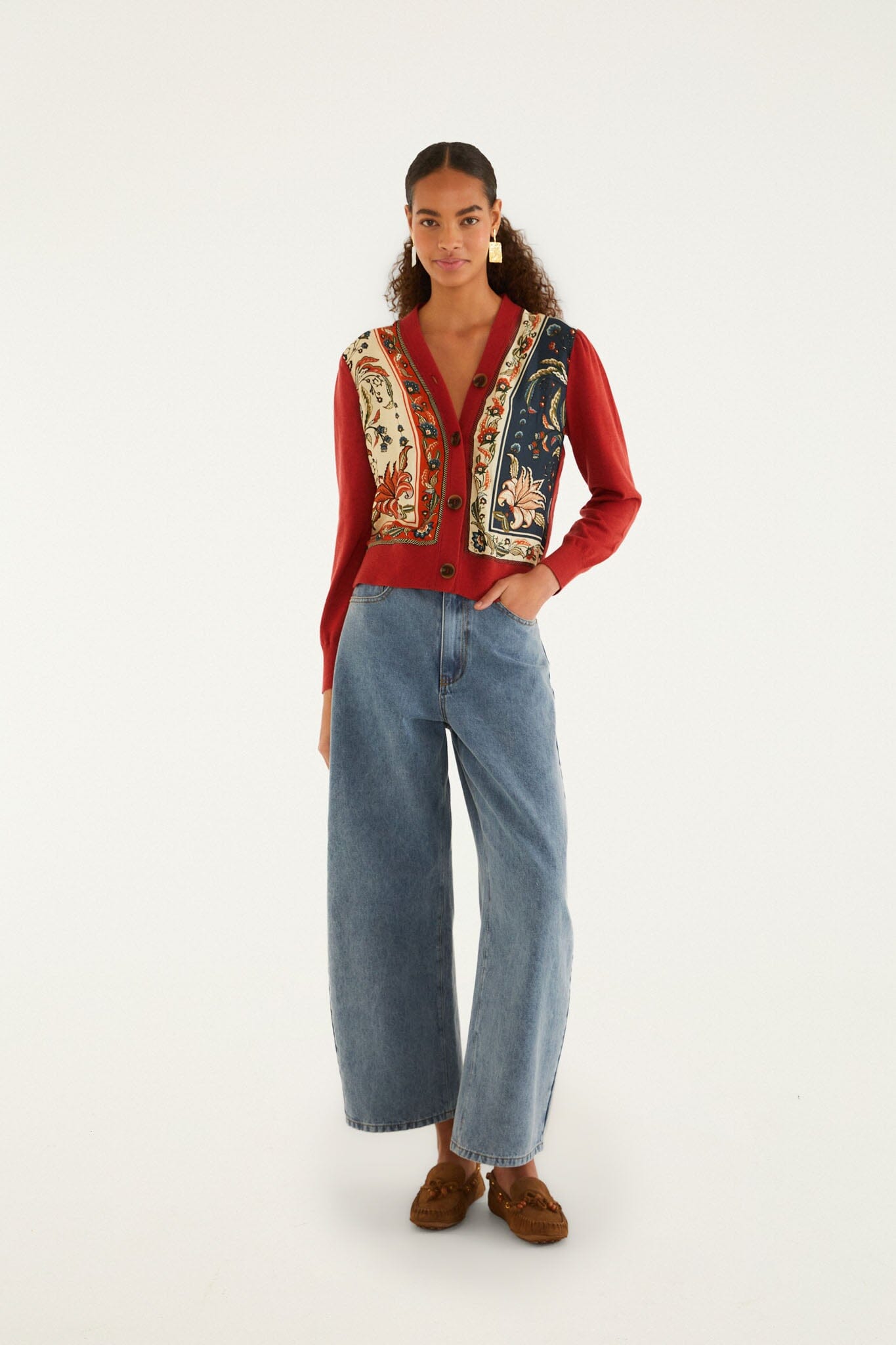FARM Rio model wearing the Red Ainika Garden Scarf Buttoned Knit Cardigan