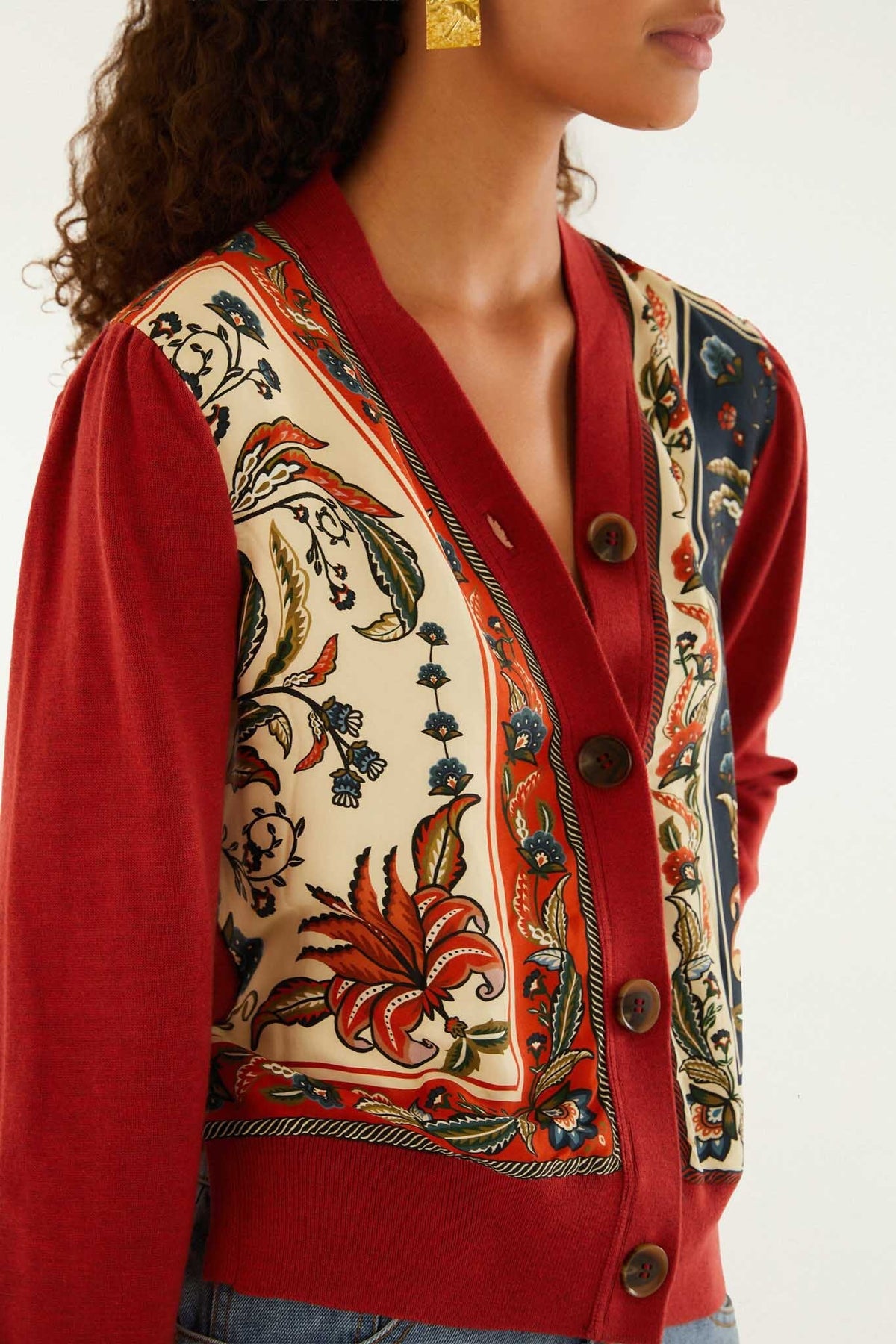 Red Ainika Garden Scarf Buttoned Knit Cardigan
