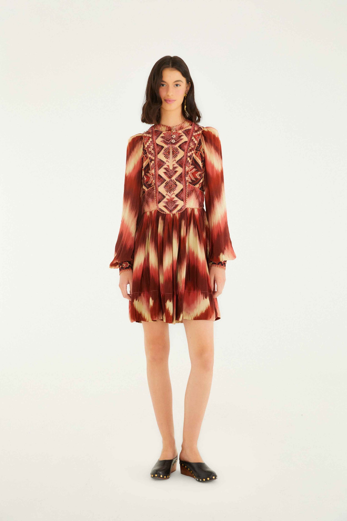 FARM Rio model wearing the Red Amanda Stripes Tapestry Quilted Mini Dress