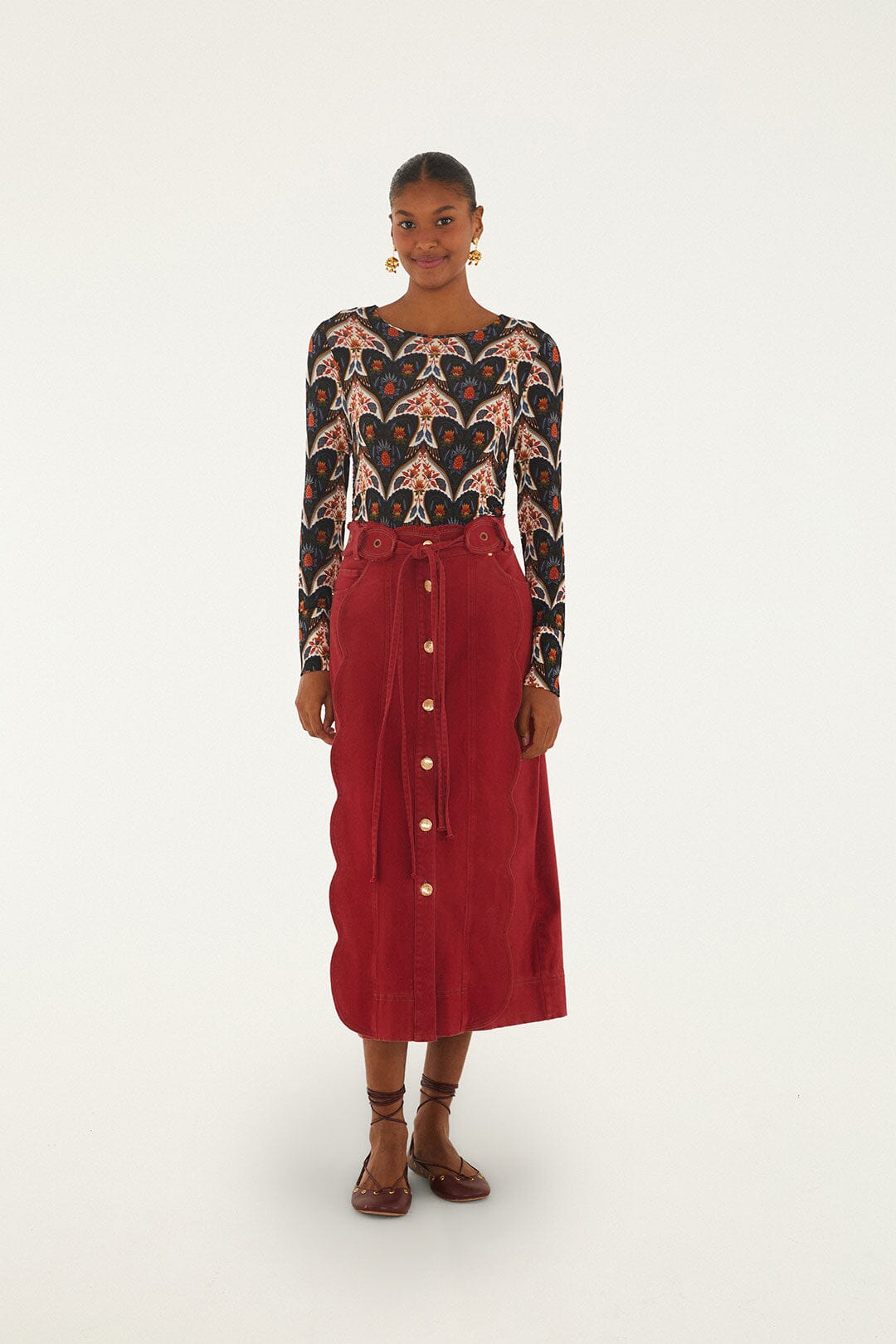 FARM Rio model wearing the Red Buttoned Belted Wavy Midi Skirt