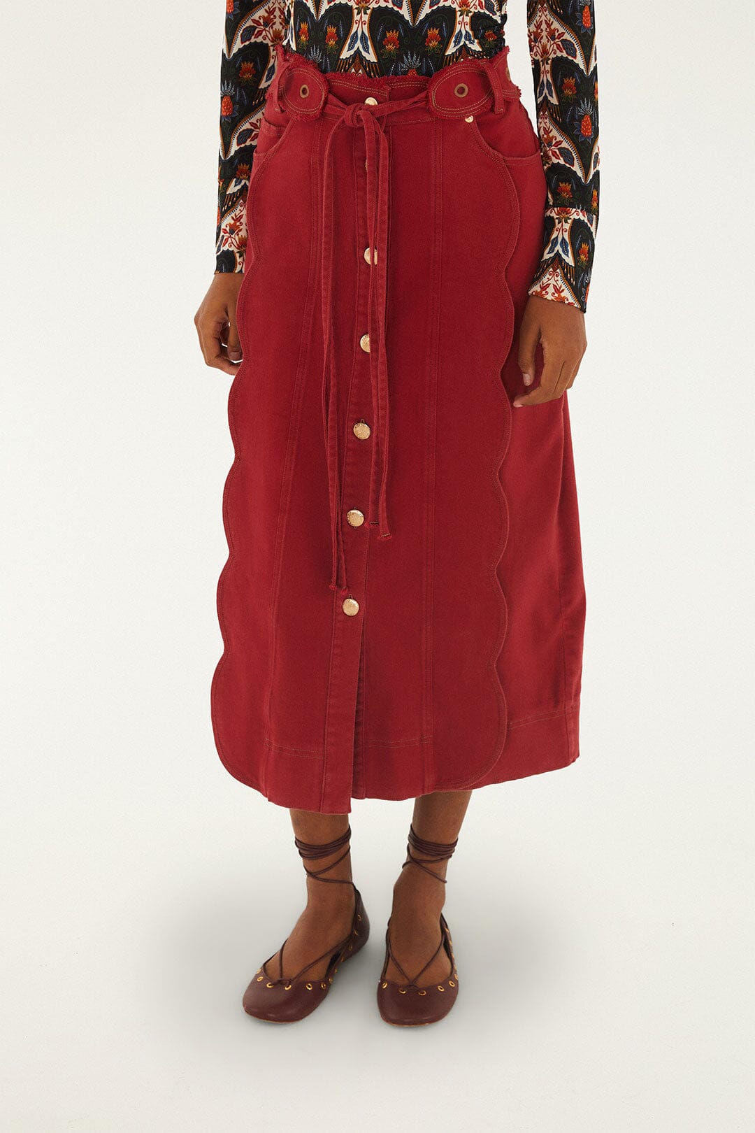 FARM Rio model wearing the Red Buttoned Belted Wavy Midi Skirt