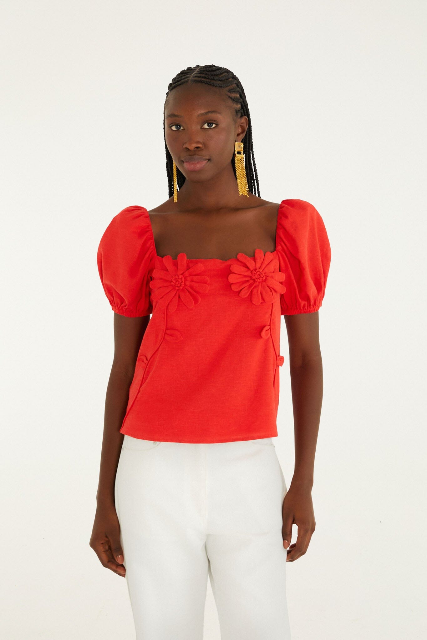 FARM Rio model wearing the Red Short Sleeve Blouse