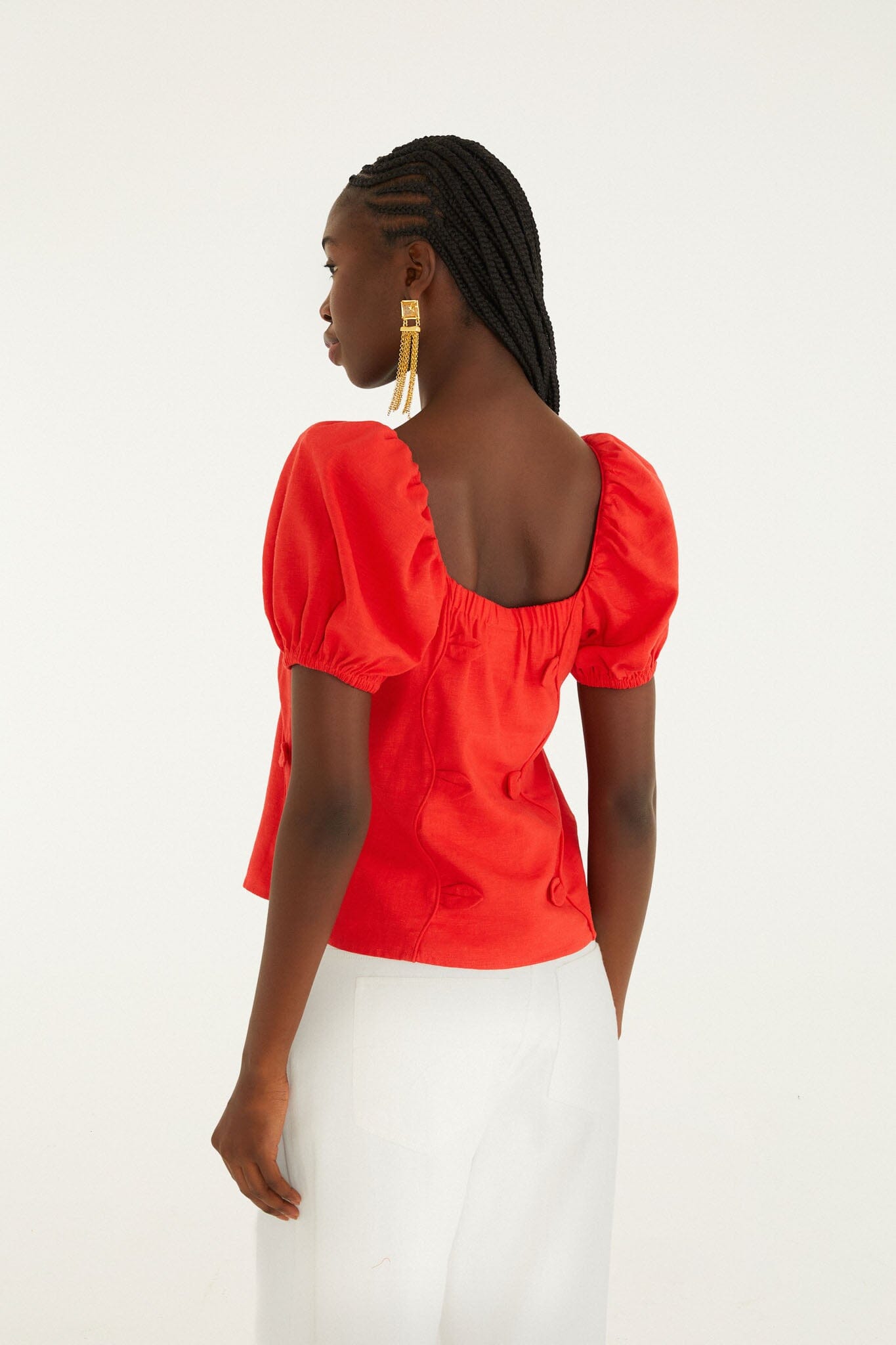 FARM Rio model wearing the Red Short Sleeve Blouse