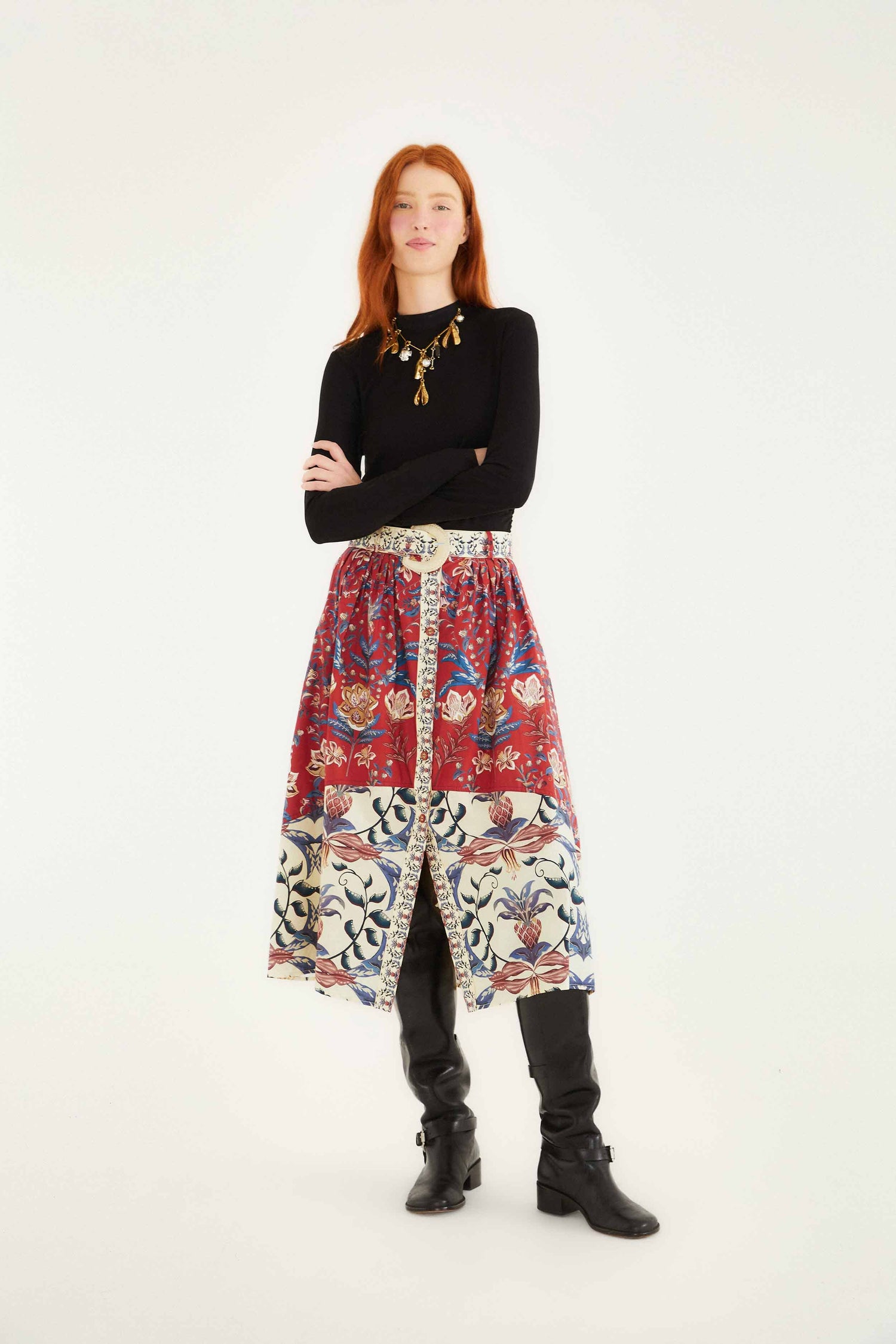 FARM Rio model wearing the Red Winter Breeze Buttoned Belted Organic Cotton Midi Skirt