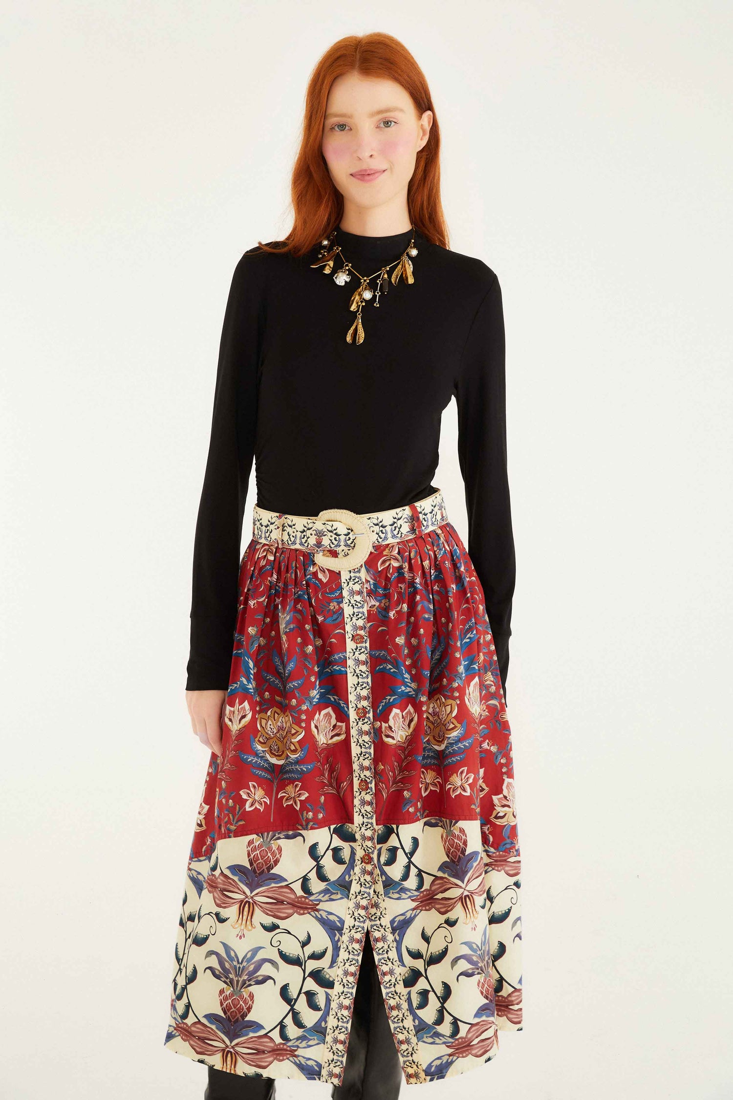 FARM Rio model wearing the Red Winter Breeze Buttoned Belted Organic Cotton Midi Skirt