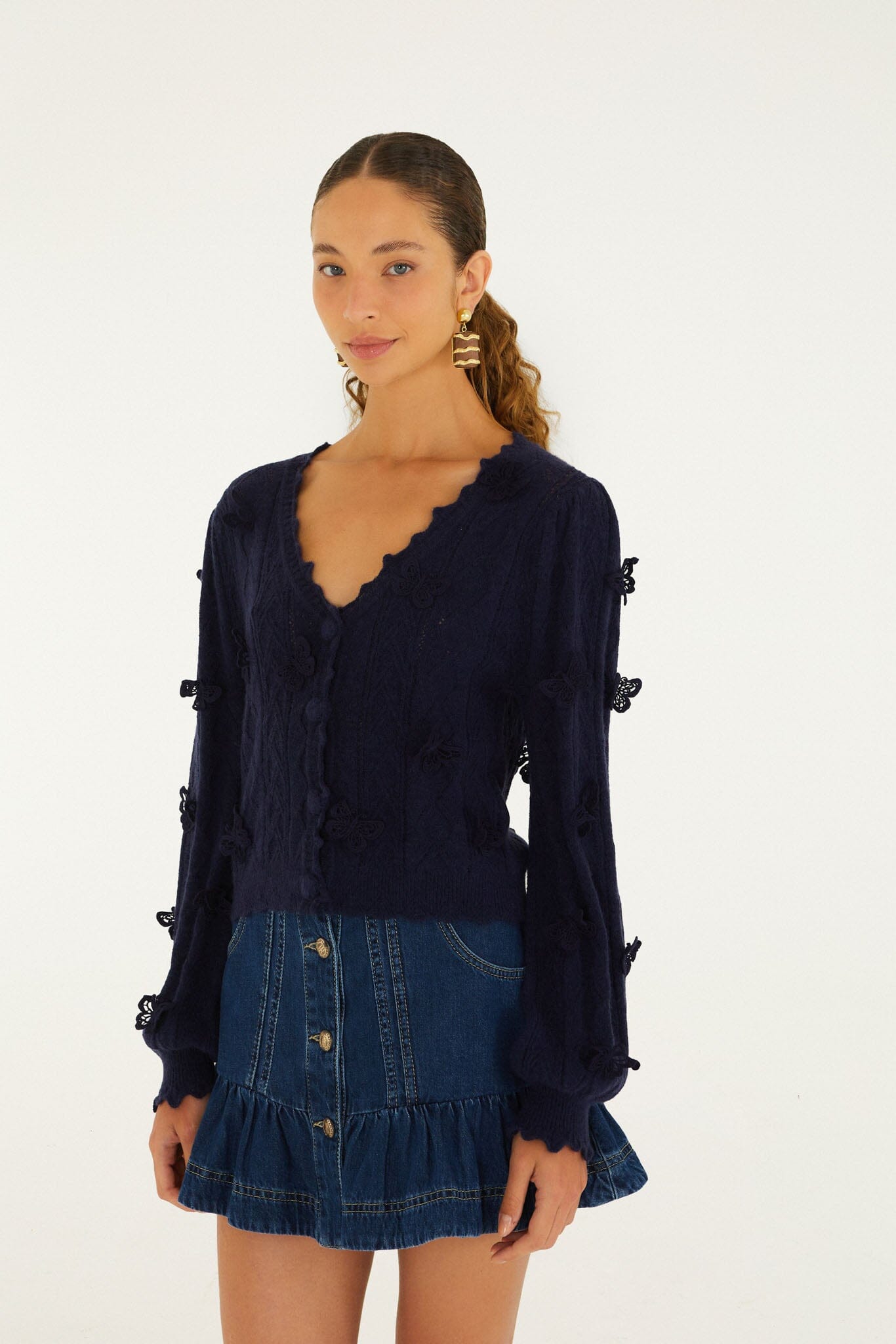 FARM Rio model wearing the Richilieu 3d Butterflies Artisanal Knit Cardigan