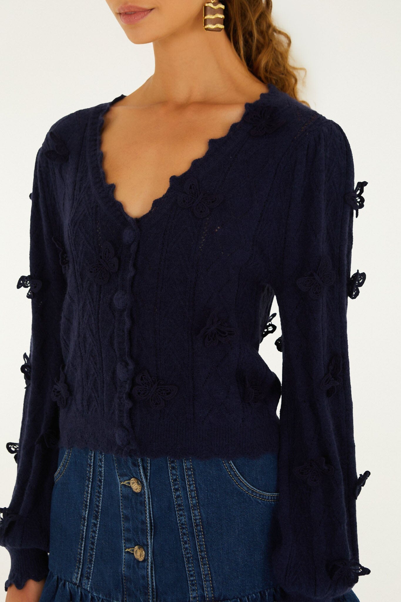 FARM Rio model wearing the Richilieu 3d Butterflies Artisanal Knit Cardigan