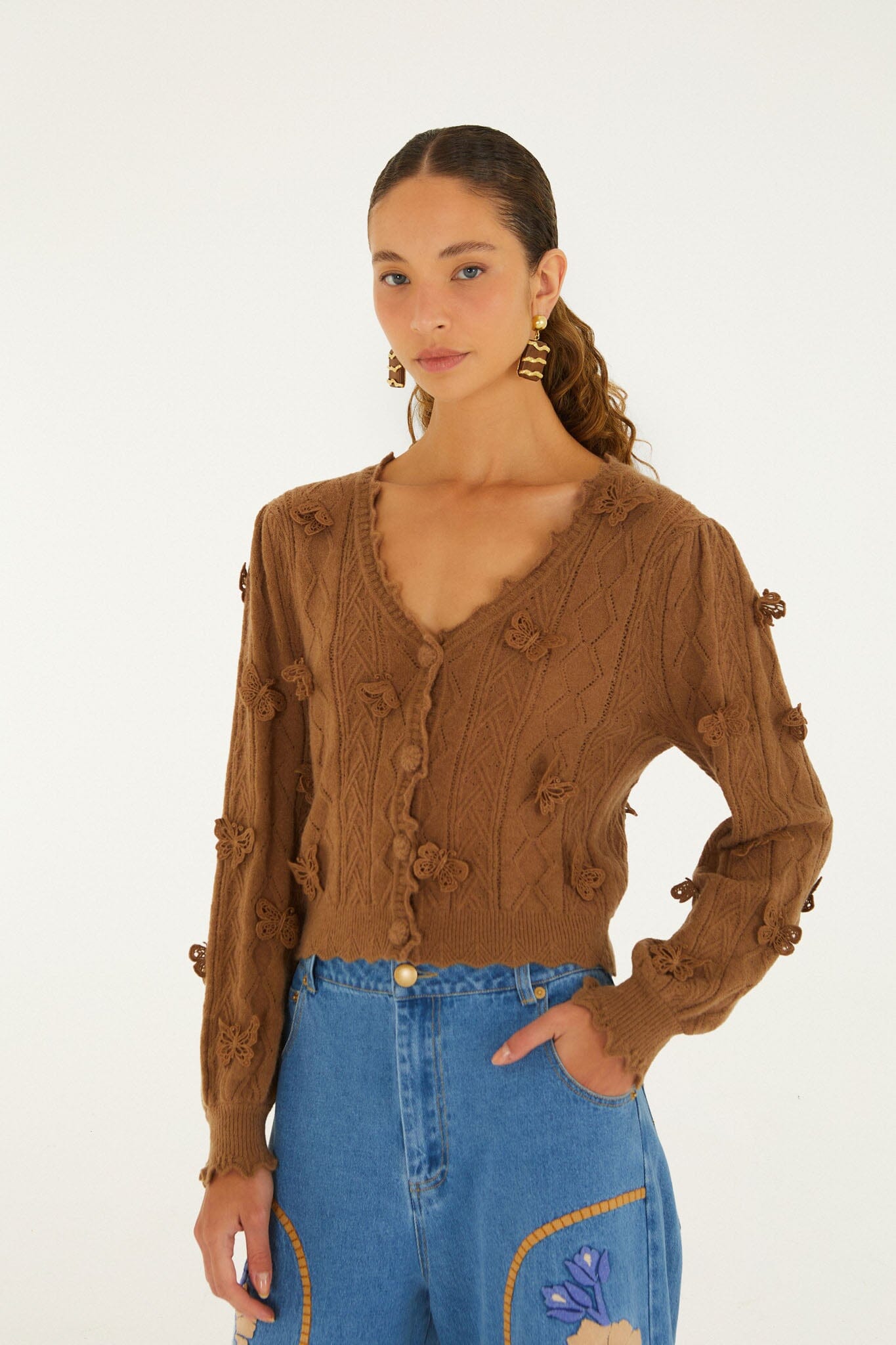 FARM Rio model wearing the Richilieu 3d Butterflies Artisanal Knit Cardigan