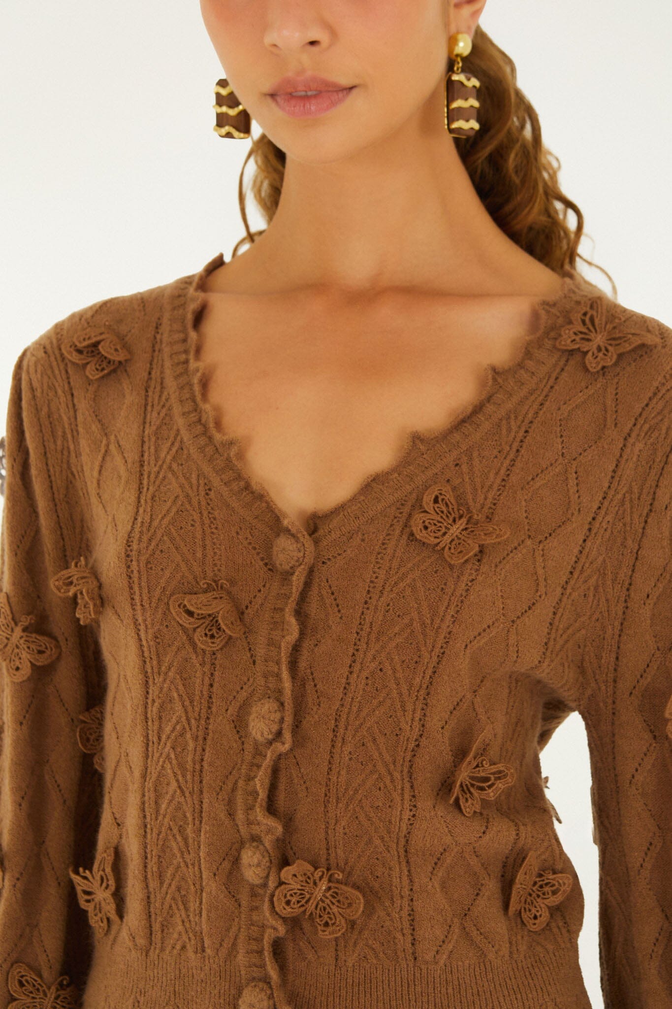 FARM Rio model wearing the Richilieu 3d Butterflies Artisanal Knit Cardigan