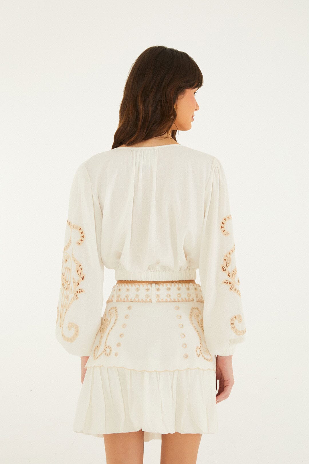 FARM Rio model wearing the Richilieur Off-White Long Sleeve Blouse