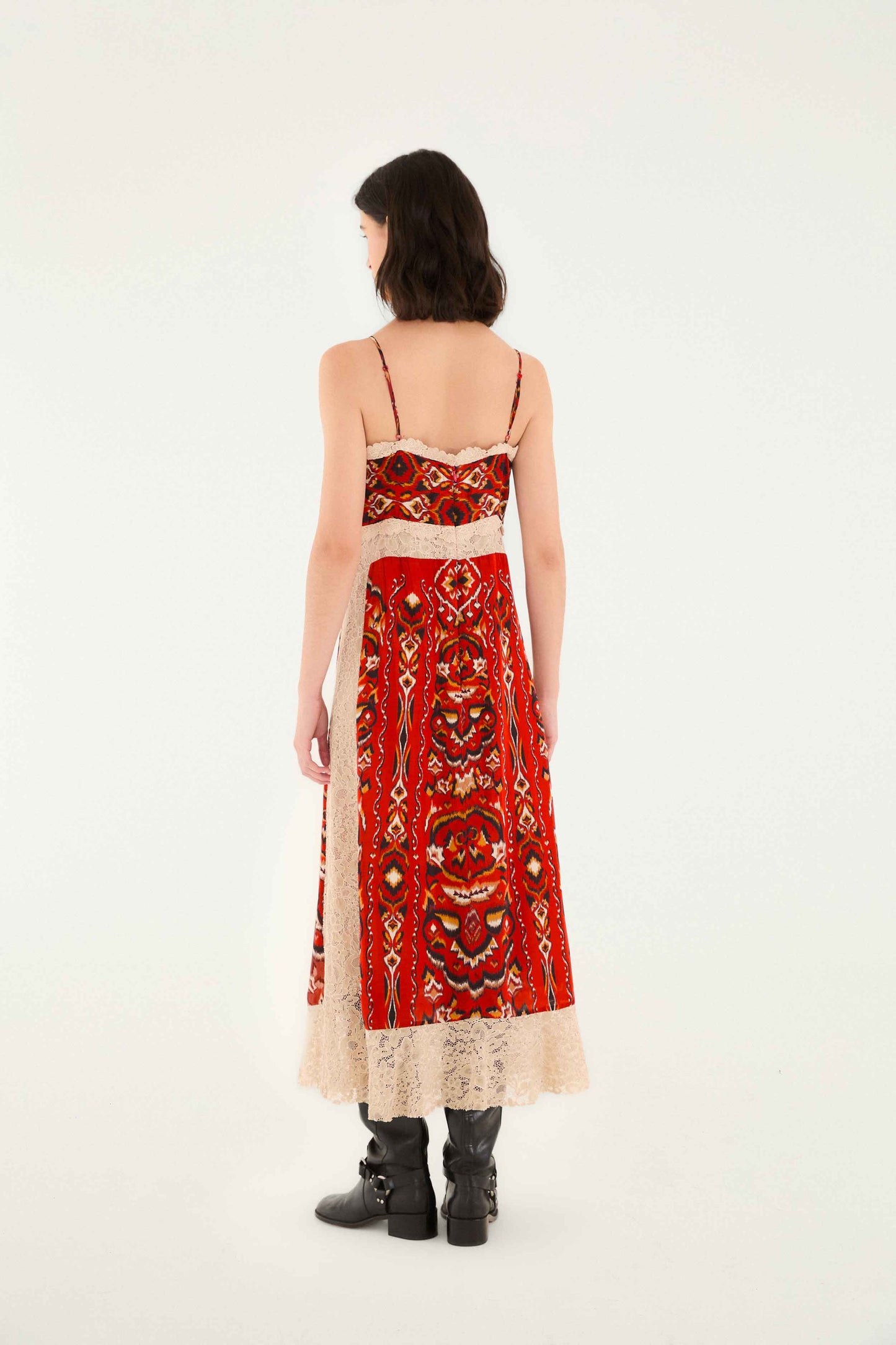 FARM Rio model wearing the Sand Ainika Pineapple Ikat Midi Dress