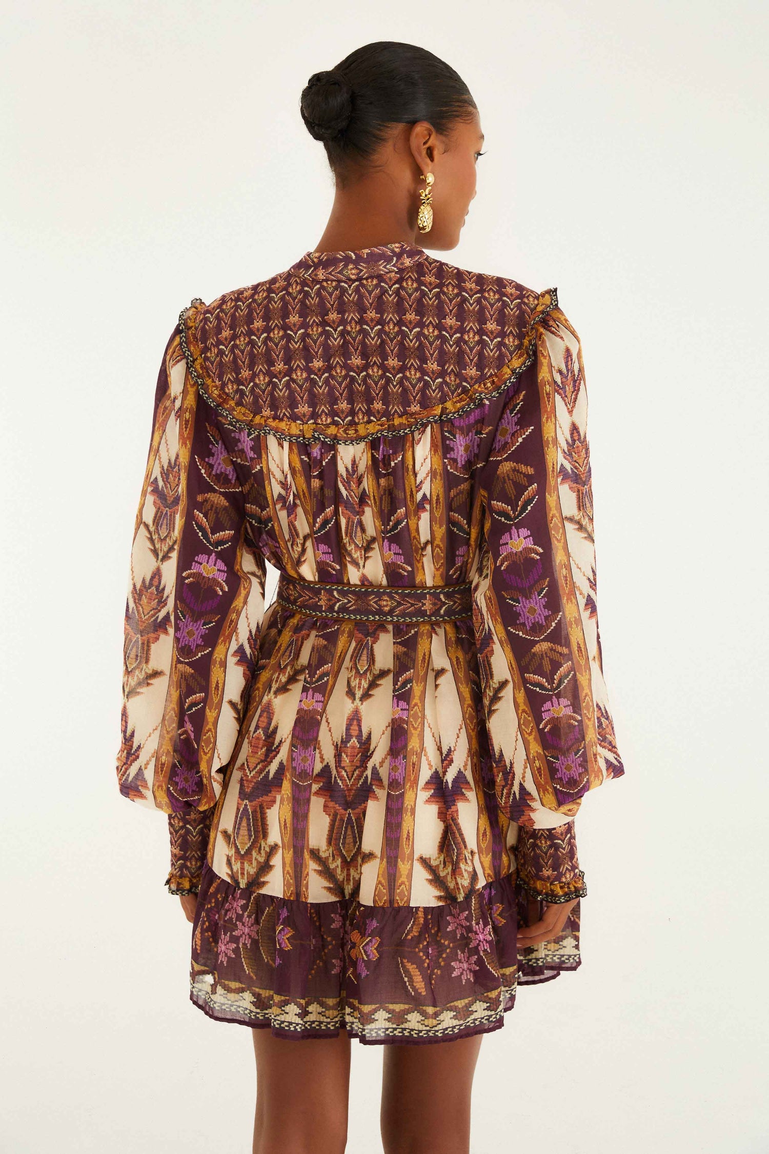 FARM Rio model wearing the Sand Embroidered Tapestry Long Sleeve Mini Dress