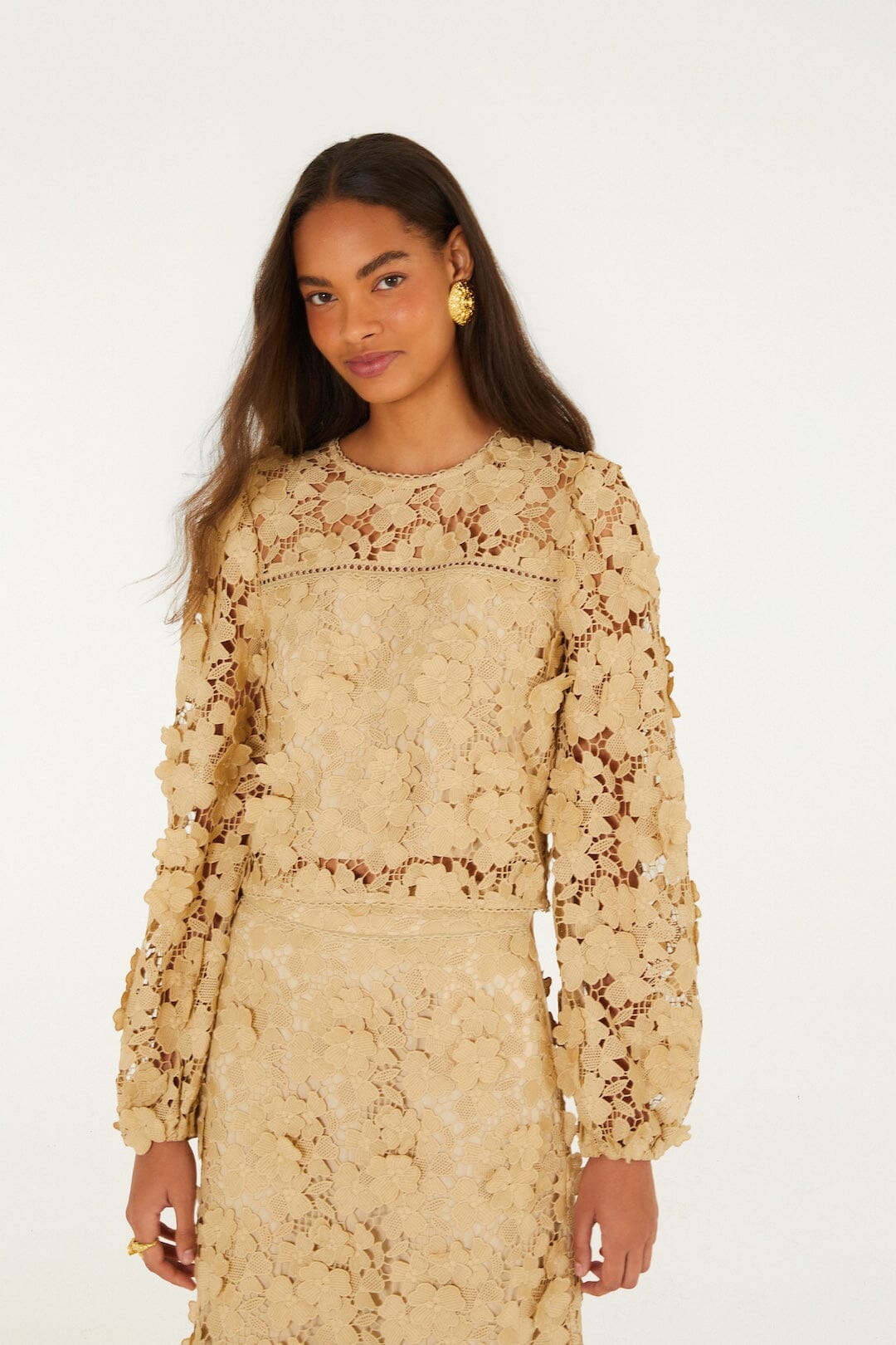 FARM Rio model wearing the Sand Embroidery Long Sleeve Blouse