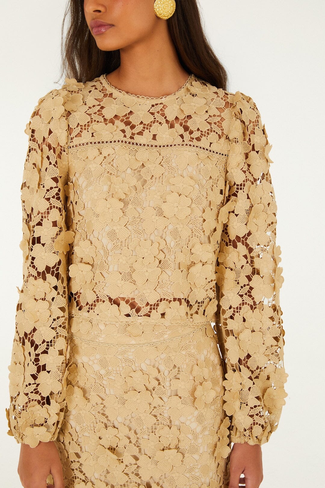 FARM Rio model wearing the Sand Embroidery Long Sleeve Blouse