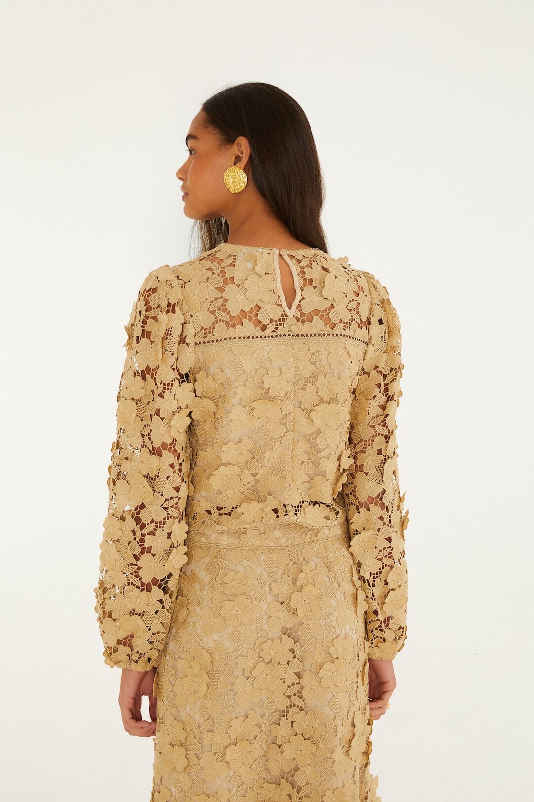 FARM Rio model wearing the Sand Embroidery Long Sleeve Blouse