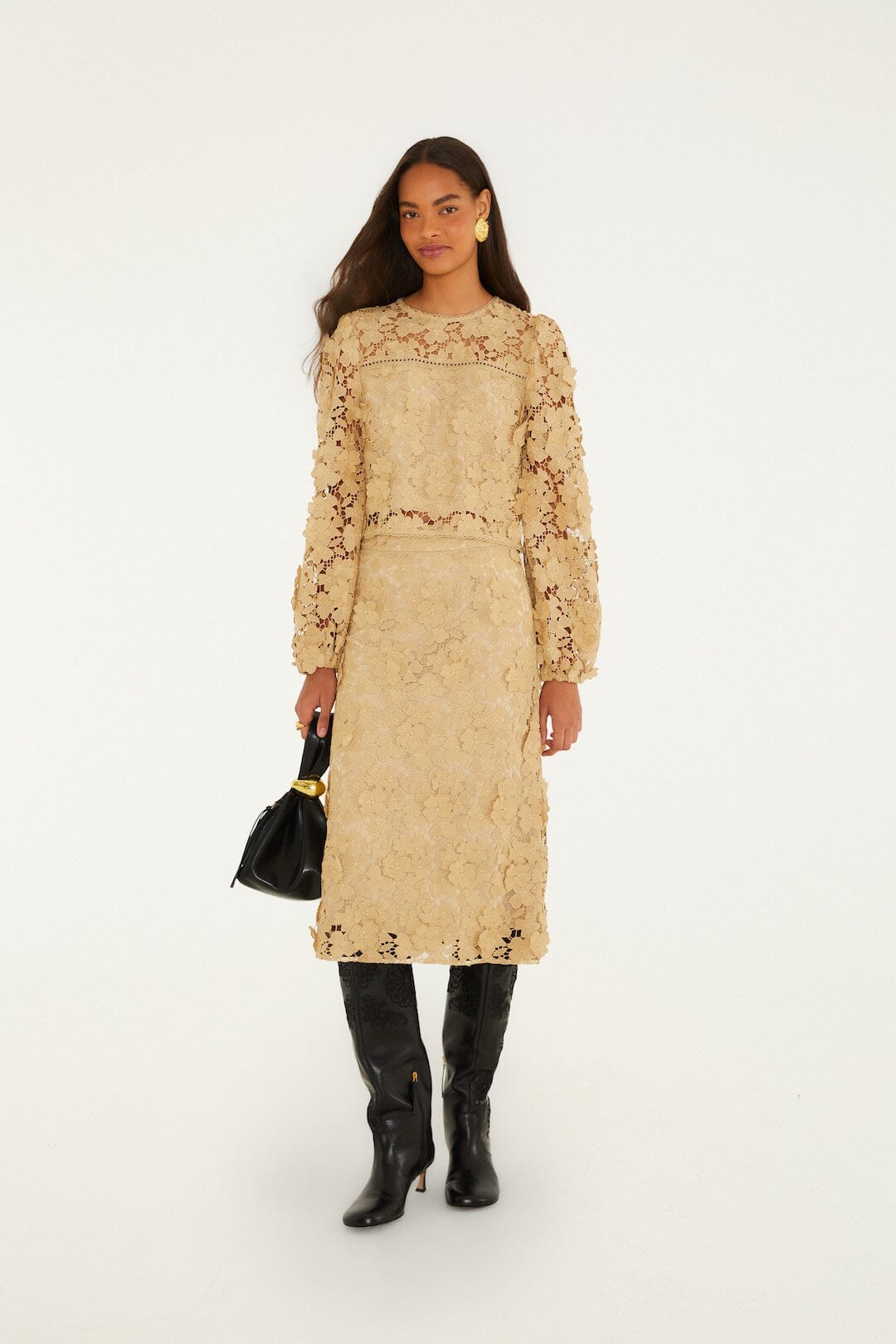 FARM Rio model wearing the Sand Embroidery Long Sleeve Blouse