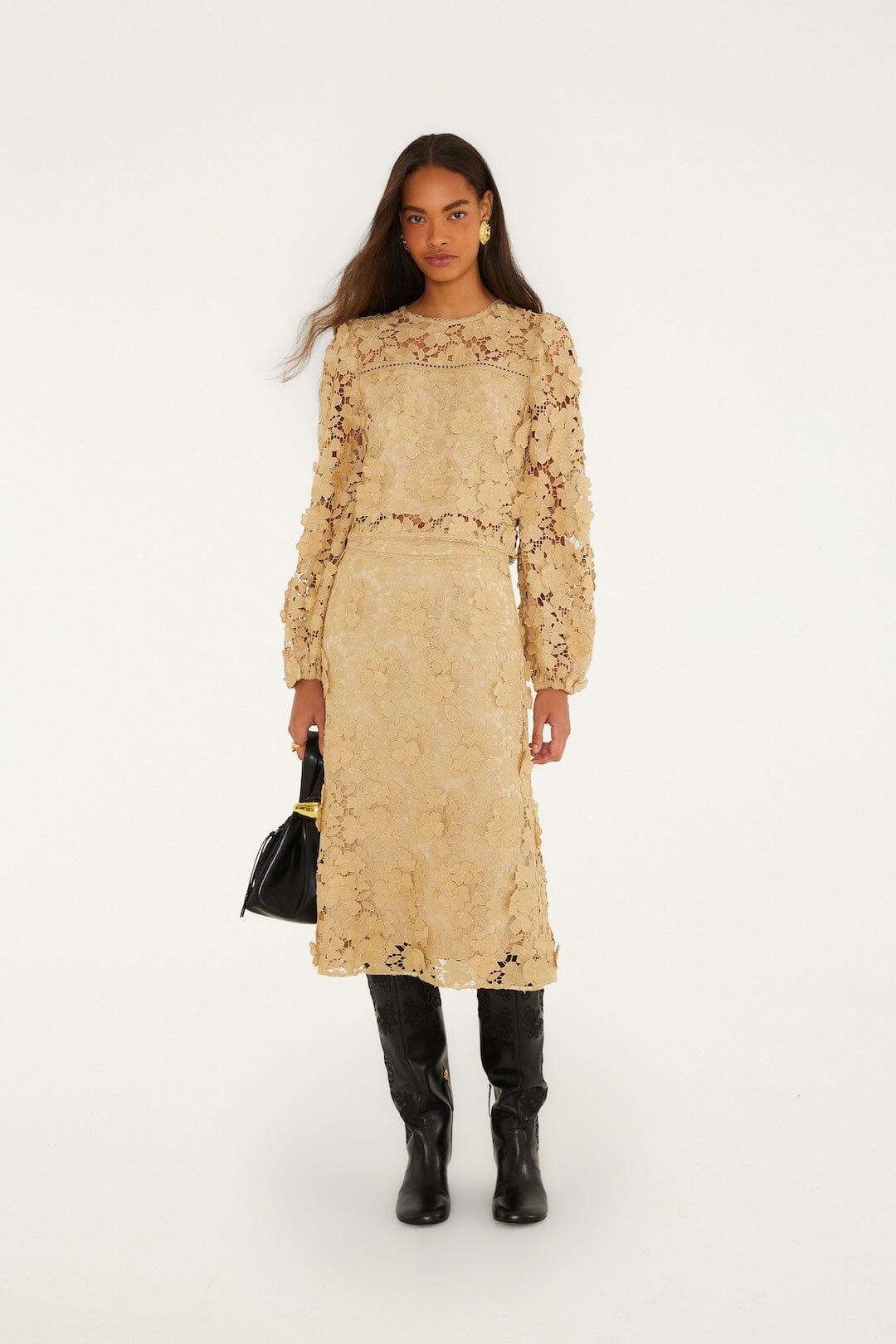 FARM Rio model wearing the Sand Embroidery Midi Skirt