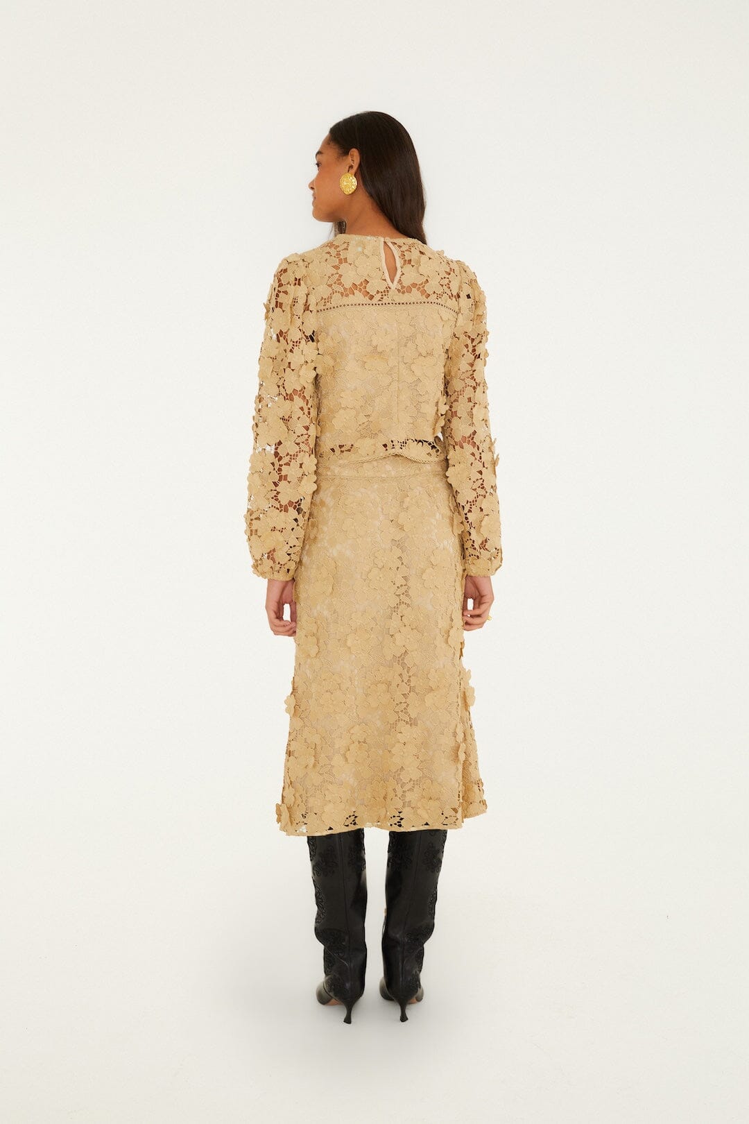 FARM Rio model wearing the Sand Embroidery Midi Skirt
