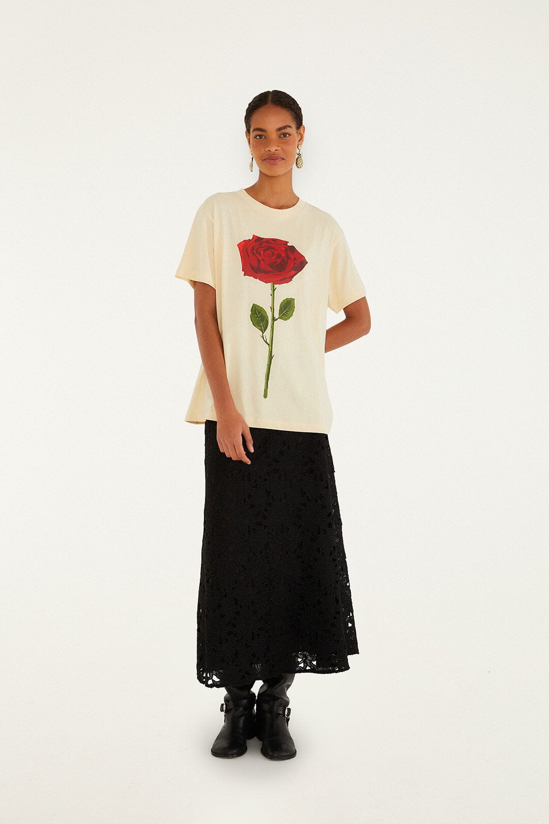 FARM Rio model wearing the Sand Feminist Organic Cotton Relaxed T-Shirt