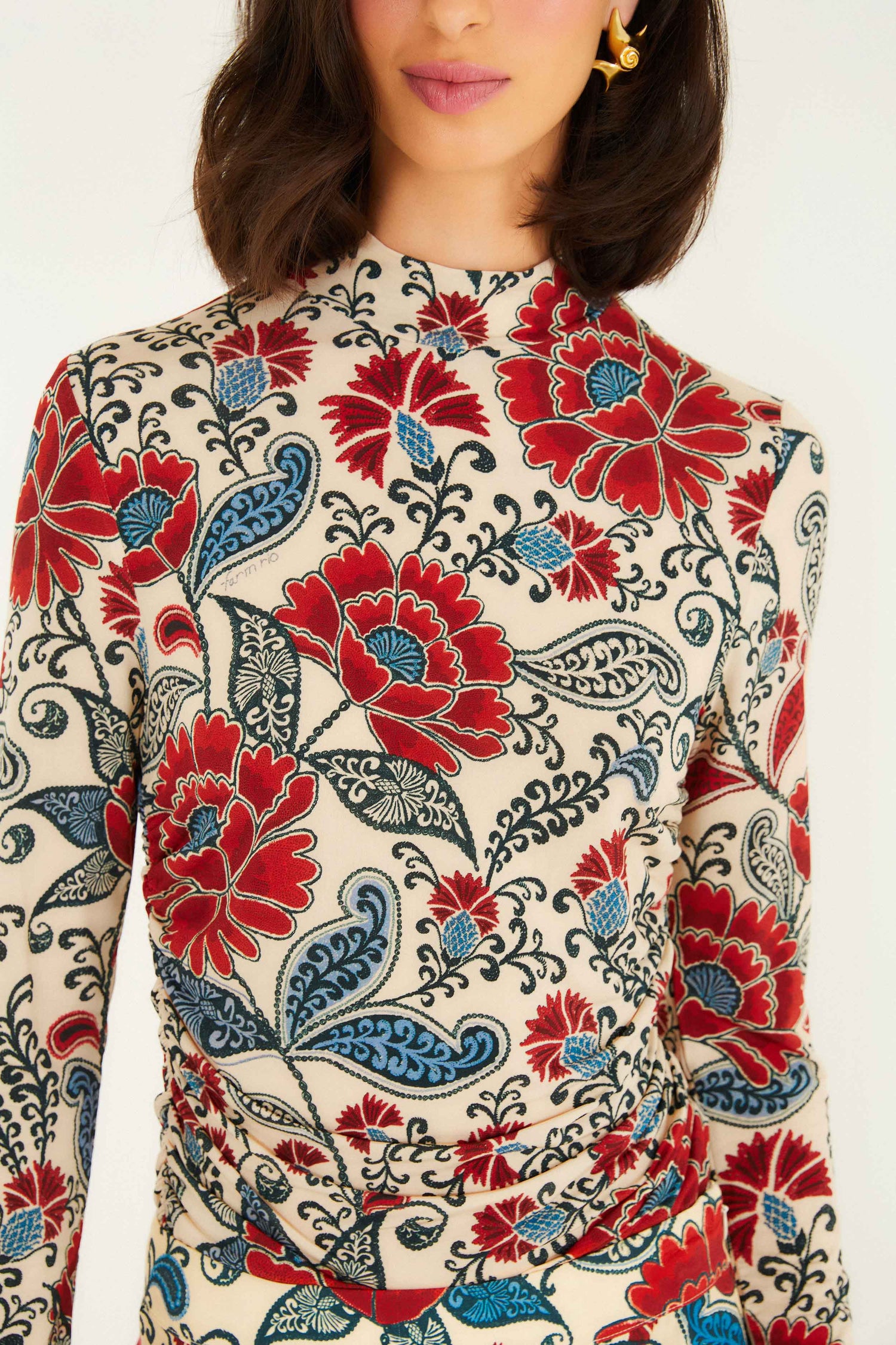 FARM Rio model wearing the Sand Francesca Jersey Blouse