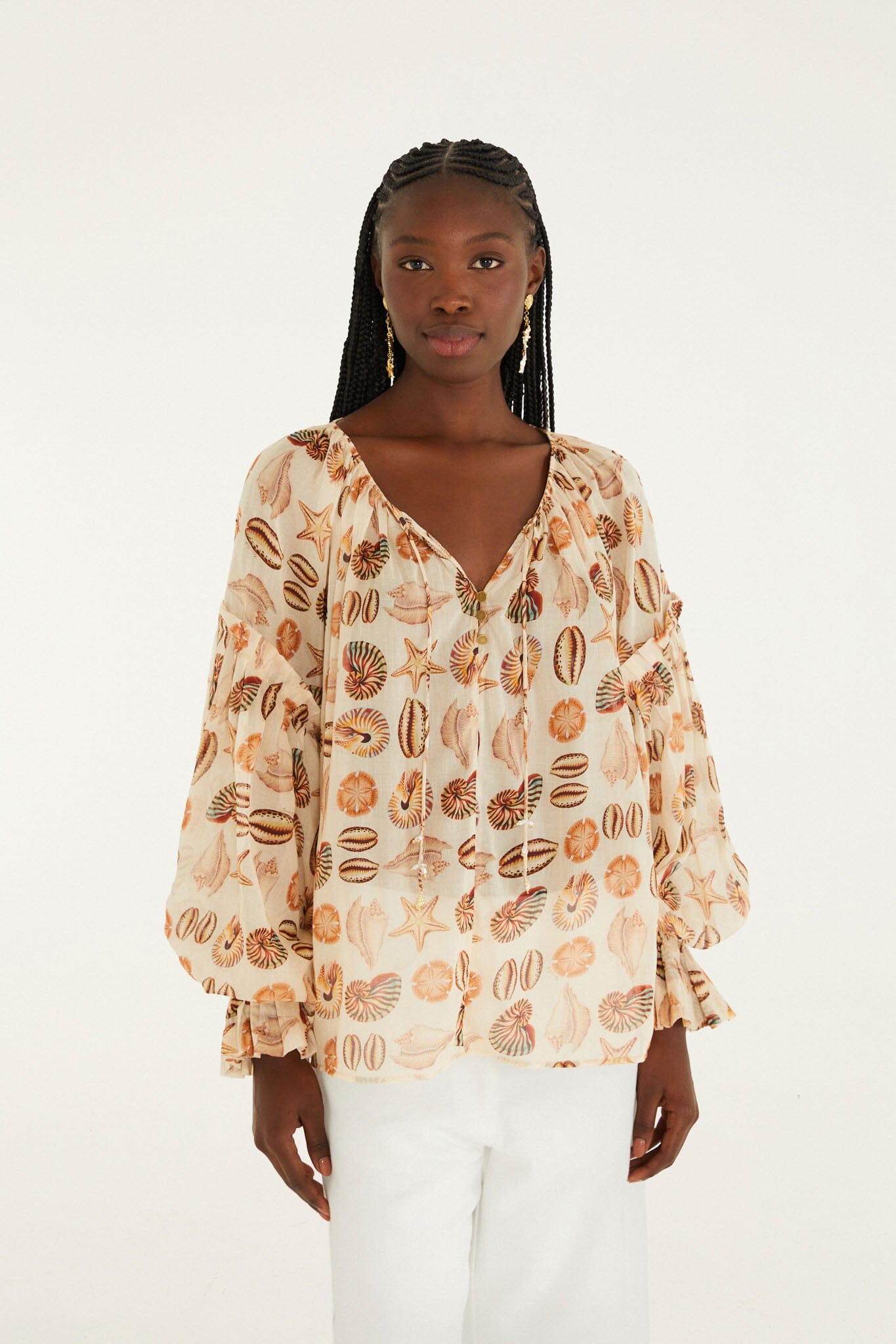 FARM Rio model wearing the Sand Marine Shells Beaded Ties Blouse