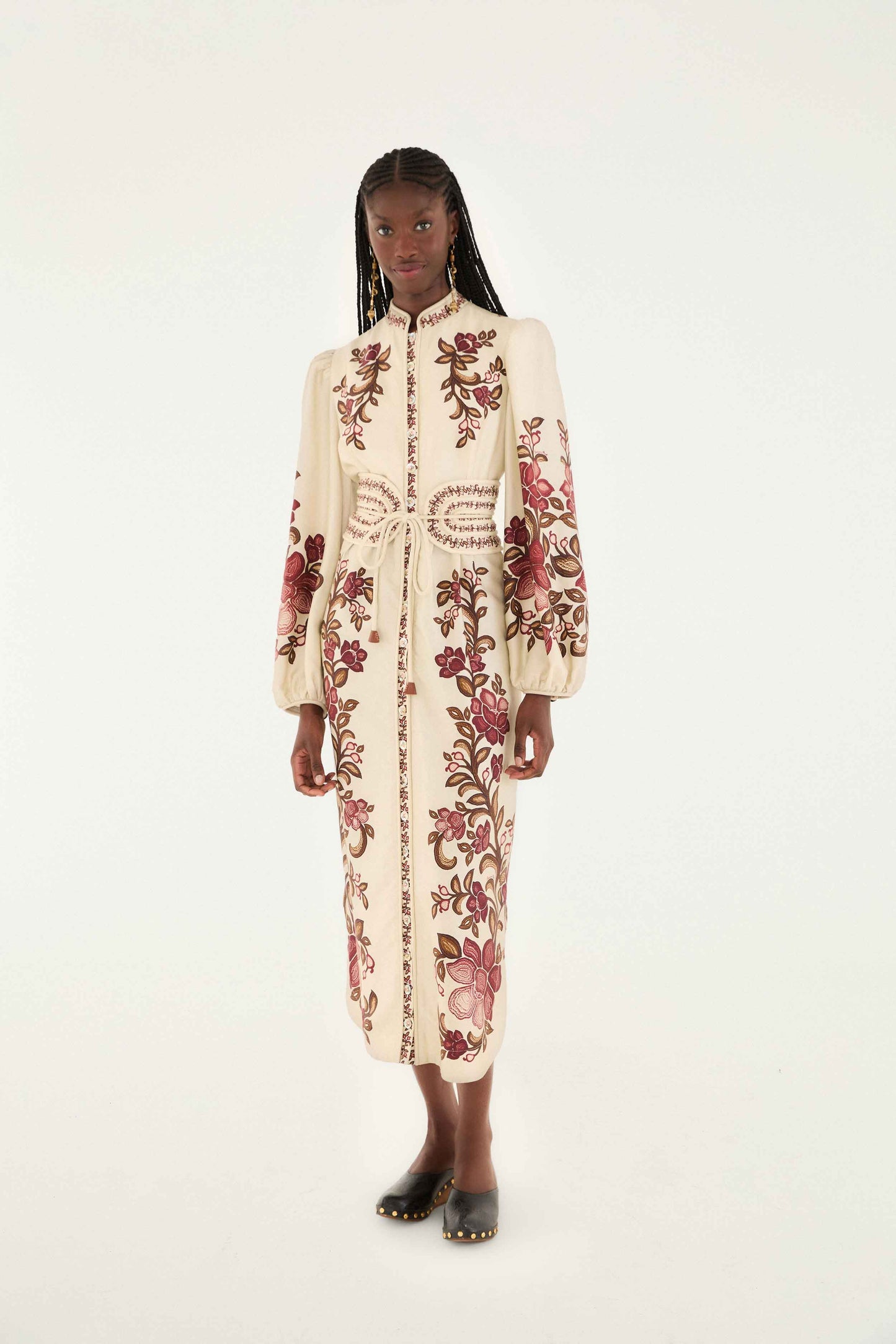 FARM Rio model wearing the Sand Renata Floral Long Sleeve Midi Dress