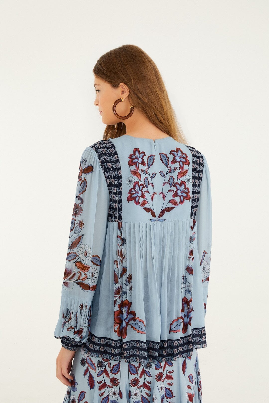 Soft Blue Marcelle Crochet Buttons Pleated Blouse | FARM Rio