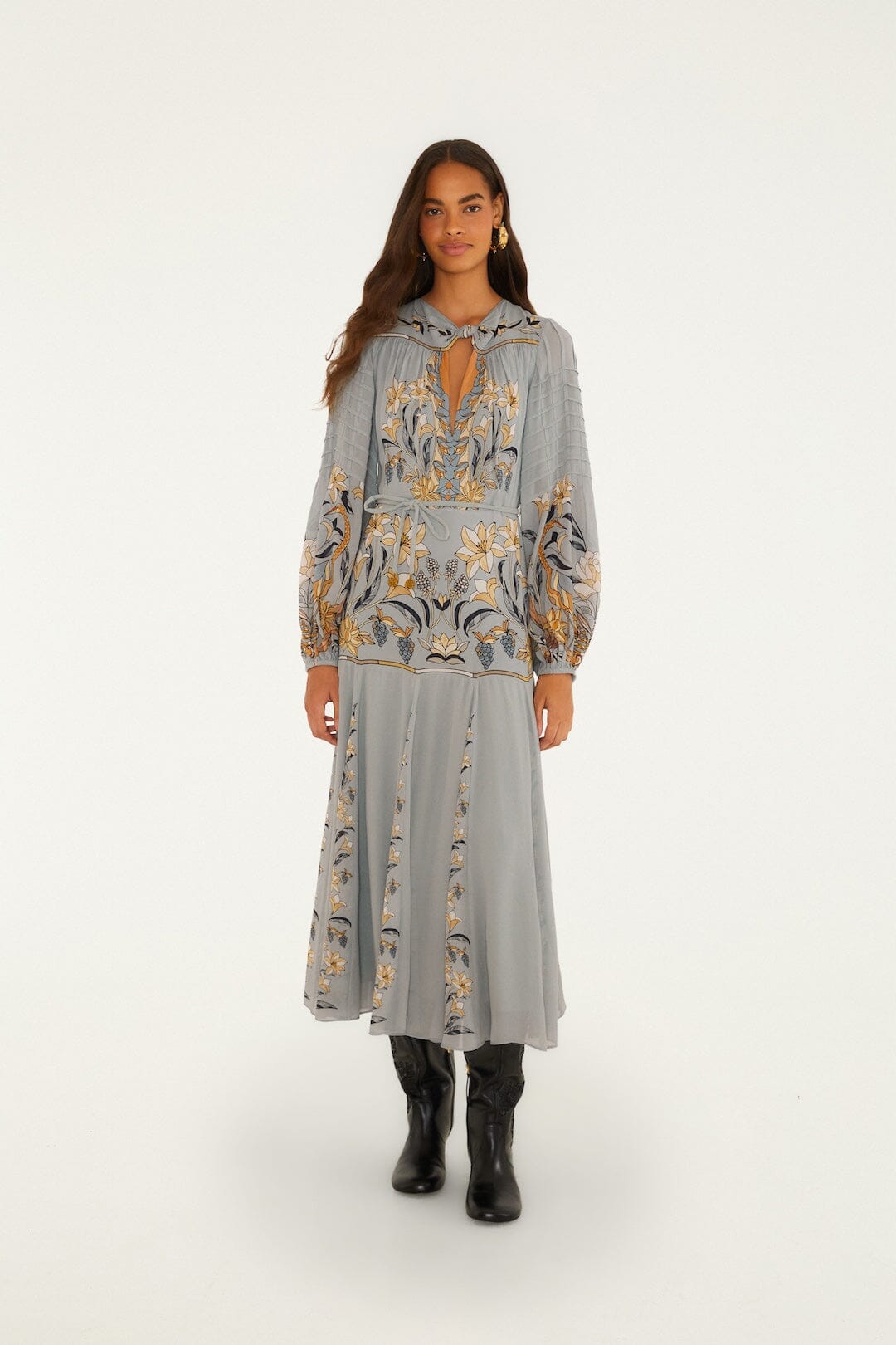 FARM Rio model wearing the Stained Glass Beauty Long Sleeve Pleated Maxi Dress