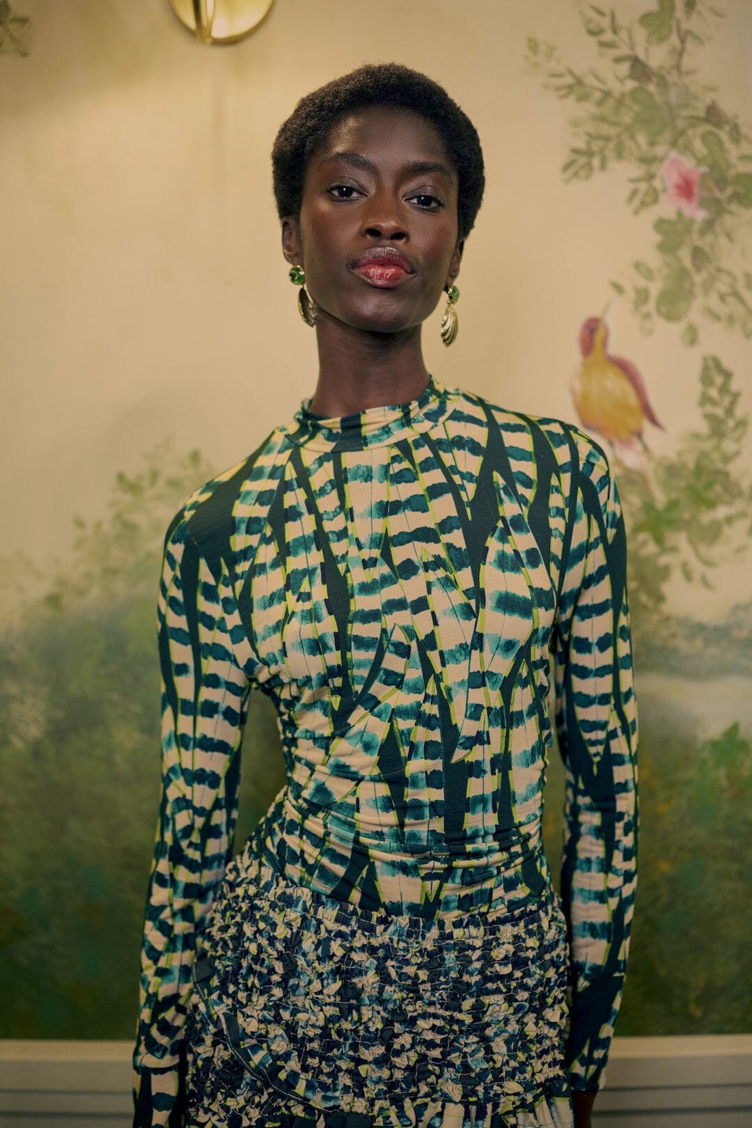 FARM Rio model wearing the Striped Leaves Long Sleeve Blouse