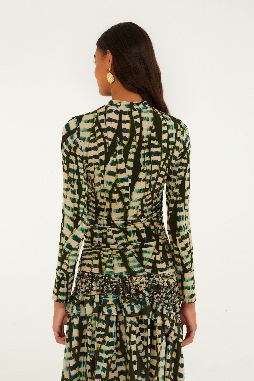 FARM Rio model wearing the Striped Leaves Long Sleeve Blouse