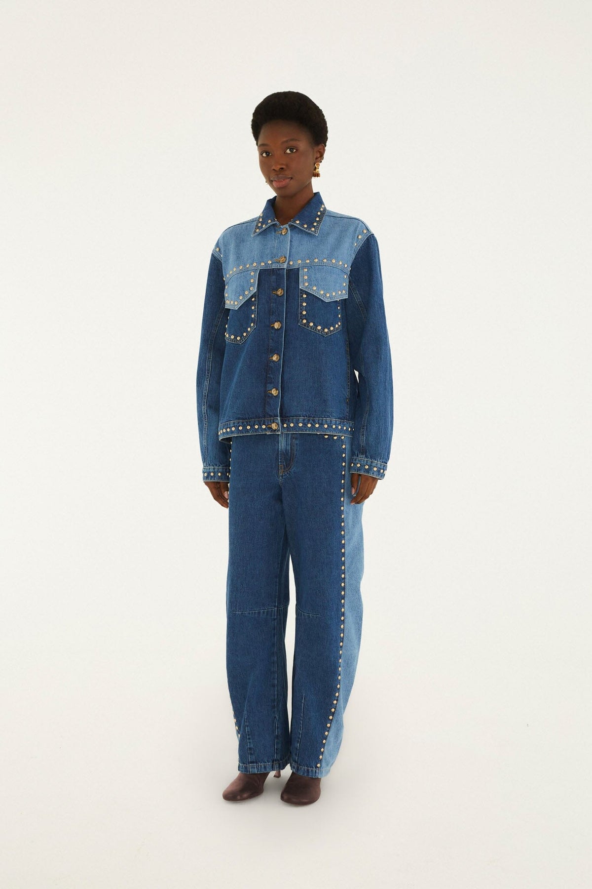 FARM Rio model wearing the Studded Metal Denim Jacket
