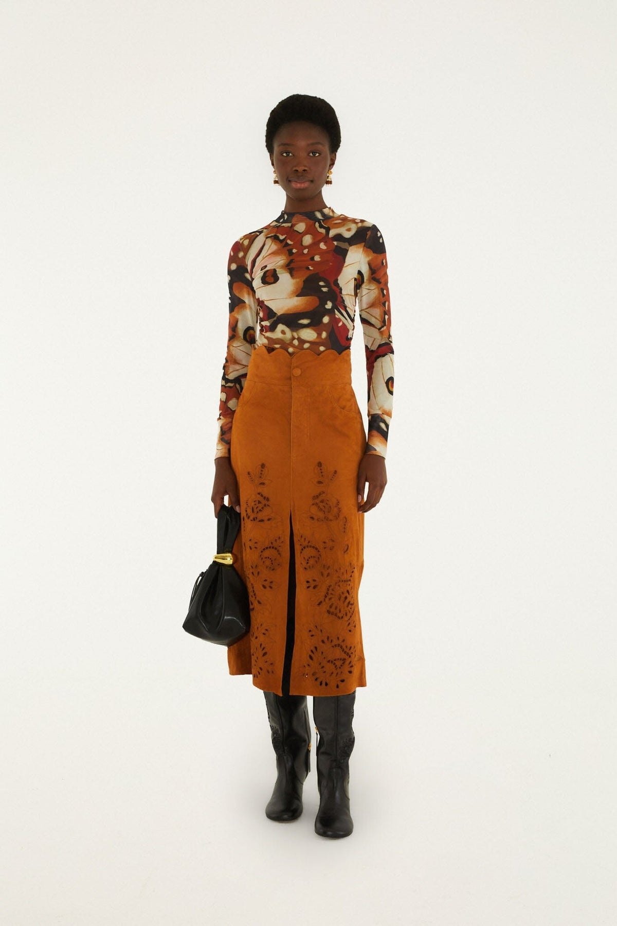 FARM Rio model wearing the Suede Cutwork Midi Skirt