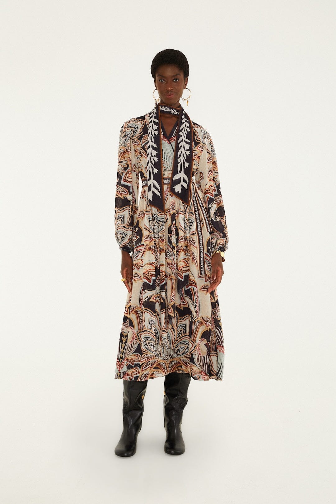 FARM Rio model wearing the Tapestry Dream Long Sleeve Midi Dress