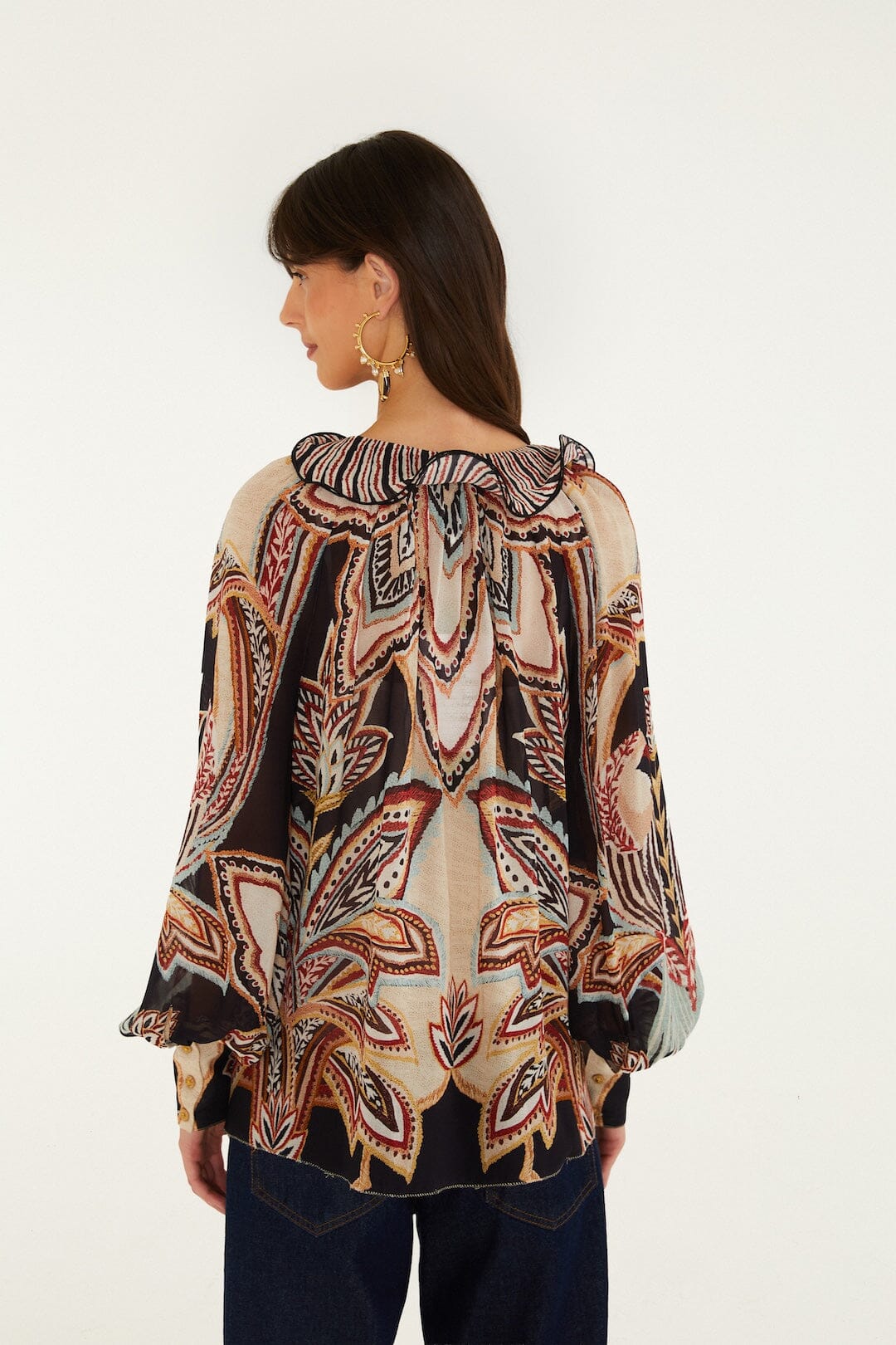 FARM Rio model wearing the Tapestry Dream Ties Long Sleeve Blouse