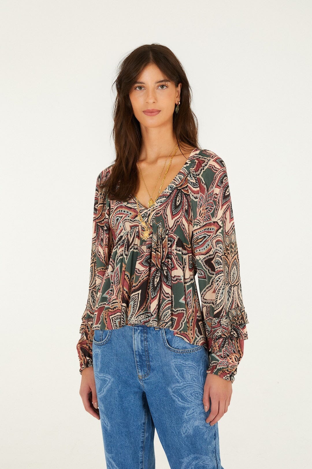 Tapestry Flowers Ruffled Blouse