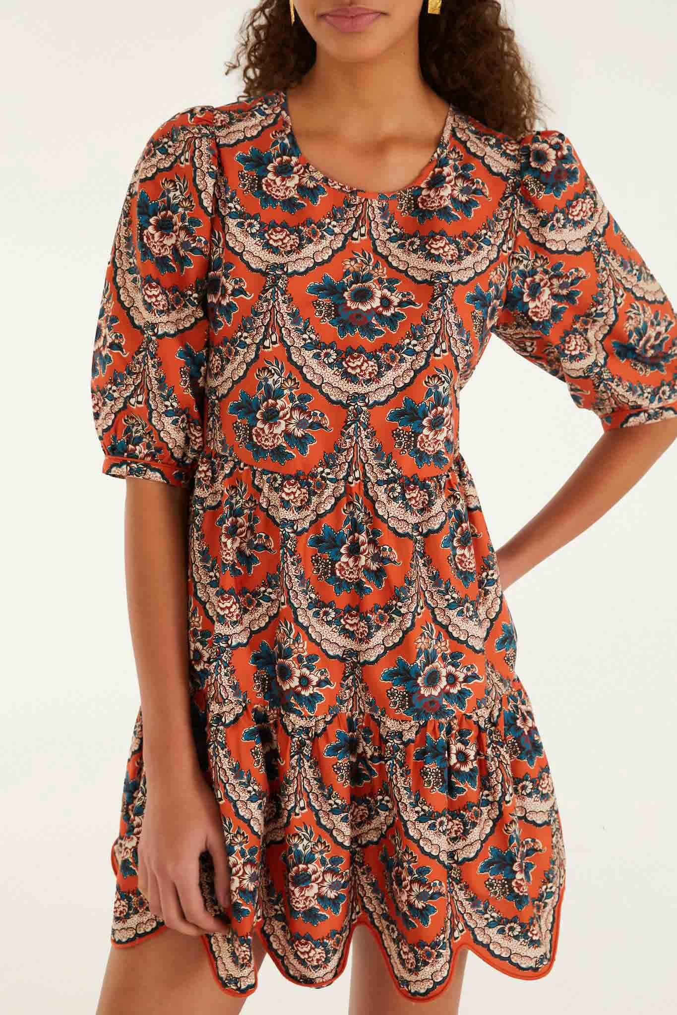 FARM Rio model wearing the Terracotta Victorian Floral Puff Sleeve Mini Dress