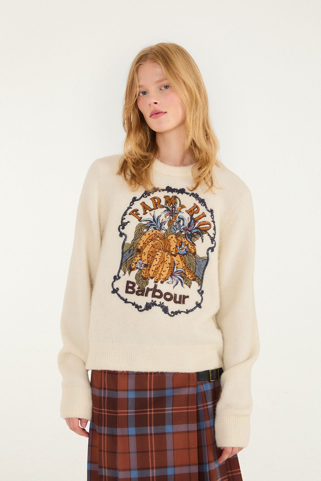 FARM Rio model wearing the Tropical Embroidered Knit Sweater