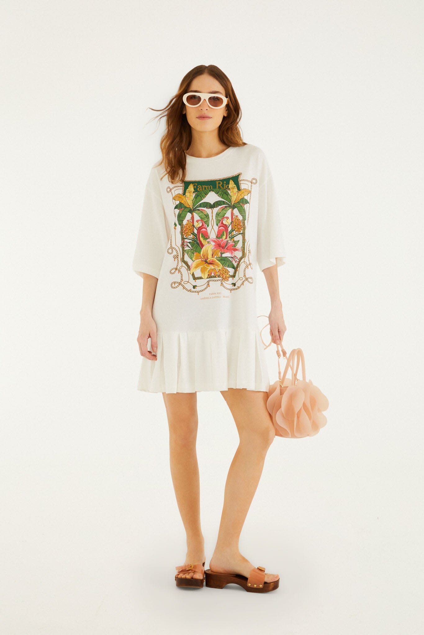 FARM Rio model wearing the Tropical Royalty Mini Dress